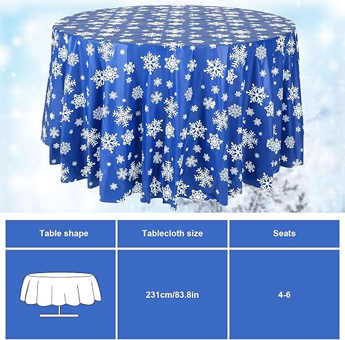 Miniatura 2 de Sliner Mantel de invierno con copos de nieve, mantel redondo de plástico para fiestas, 83.9 pulgadas, mantel de Navidad azul, desechable, telón de