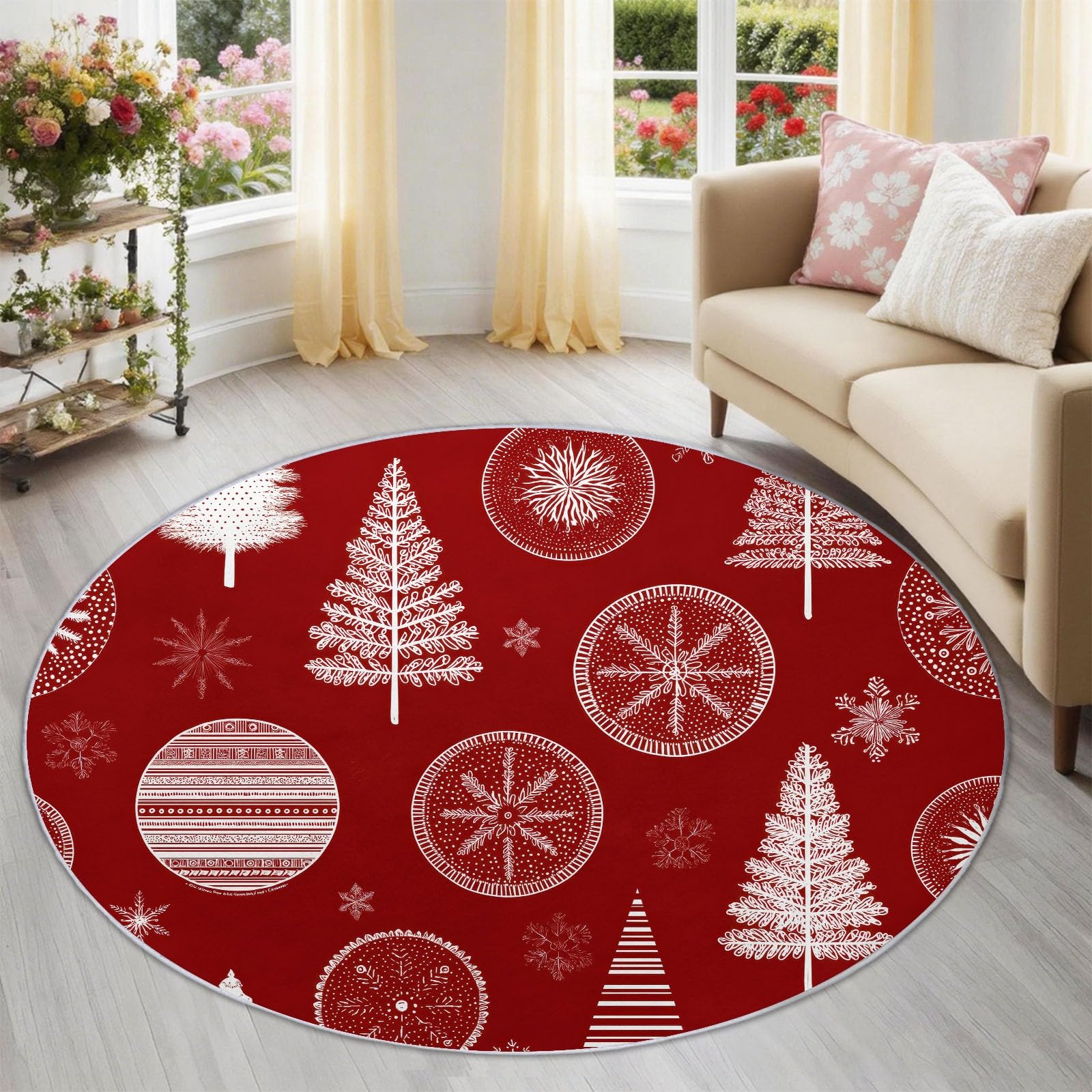 Red Christmas Elements Round Rug 180 cm for Entryway, Low-Profile Washable Nordic Fun Circle Carpet, Non-Slip Thin Floor Mat for Entrance