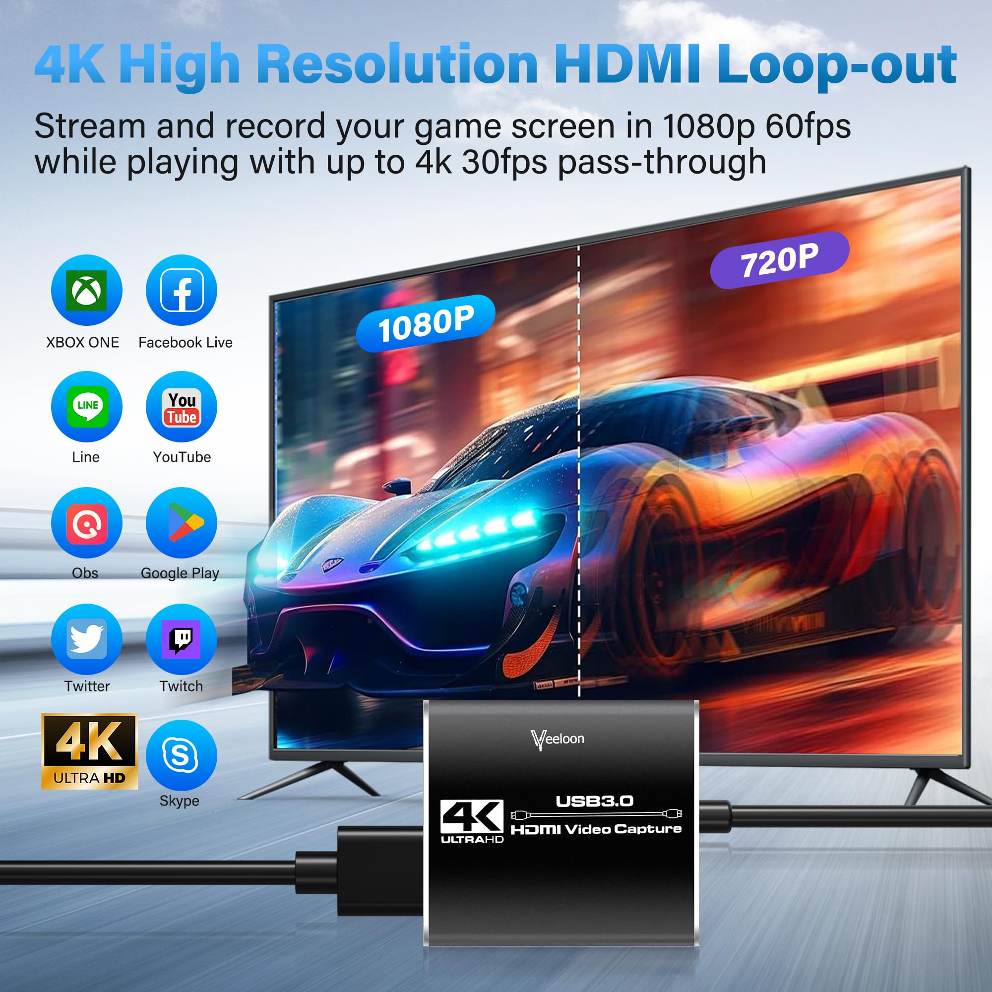 Tarjeta de captura de audio y video, 4K Loop-Out, 1080P 60FPS/2K 30FPS, tarjeta de captura de videojuegos HDMI 4K a tipo C con adaptador USB 3.0, para transmisión, transmisión, funciona con