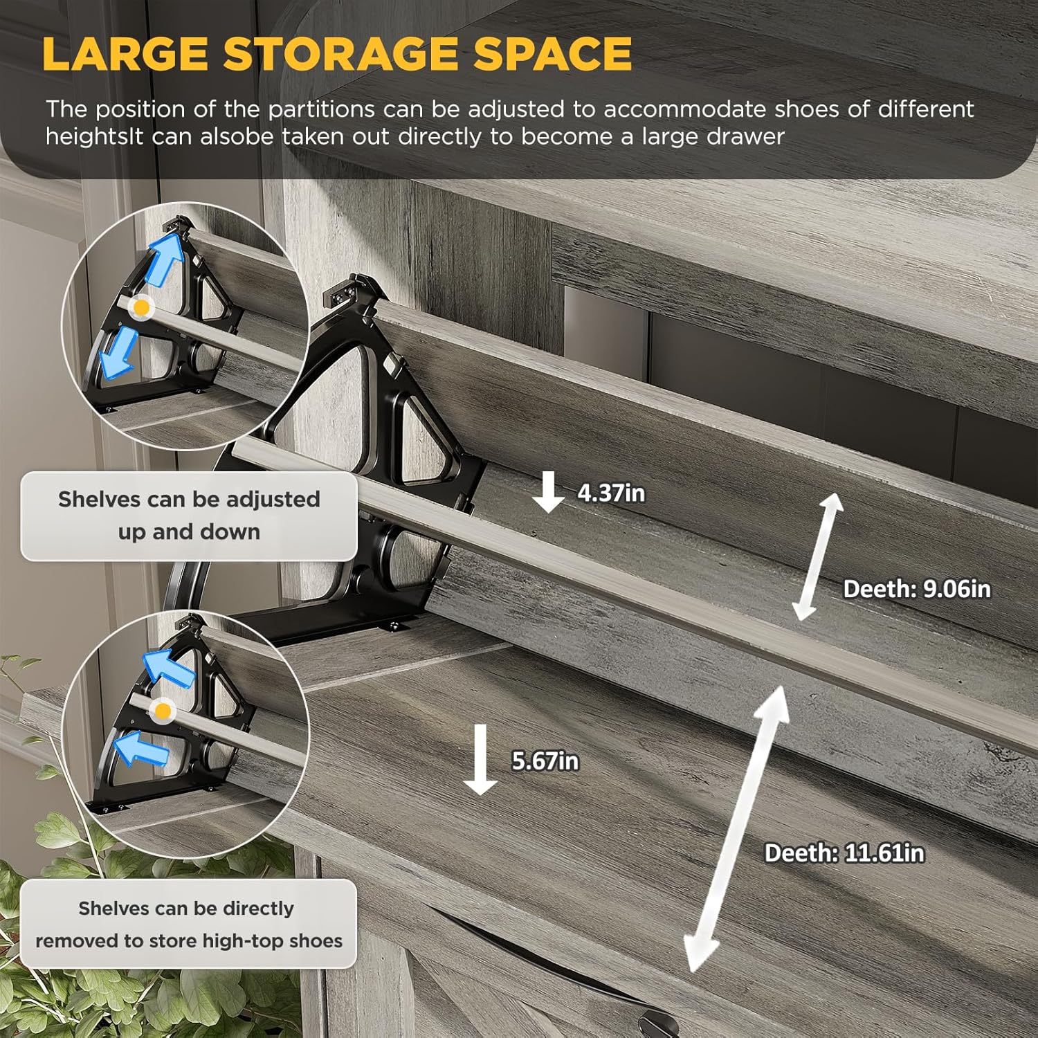Detailed view of the adjustable shelves inside a flip drawer of the Maupvit shoe cabinet, showing how they can be moved up or down or removed entirely.