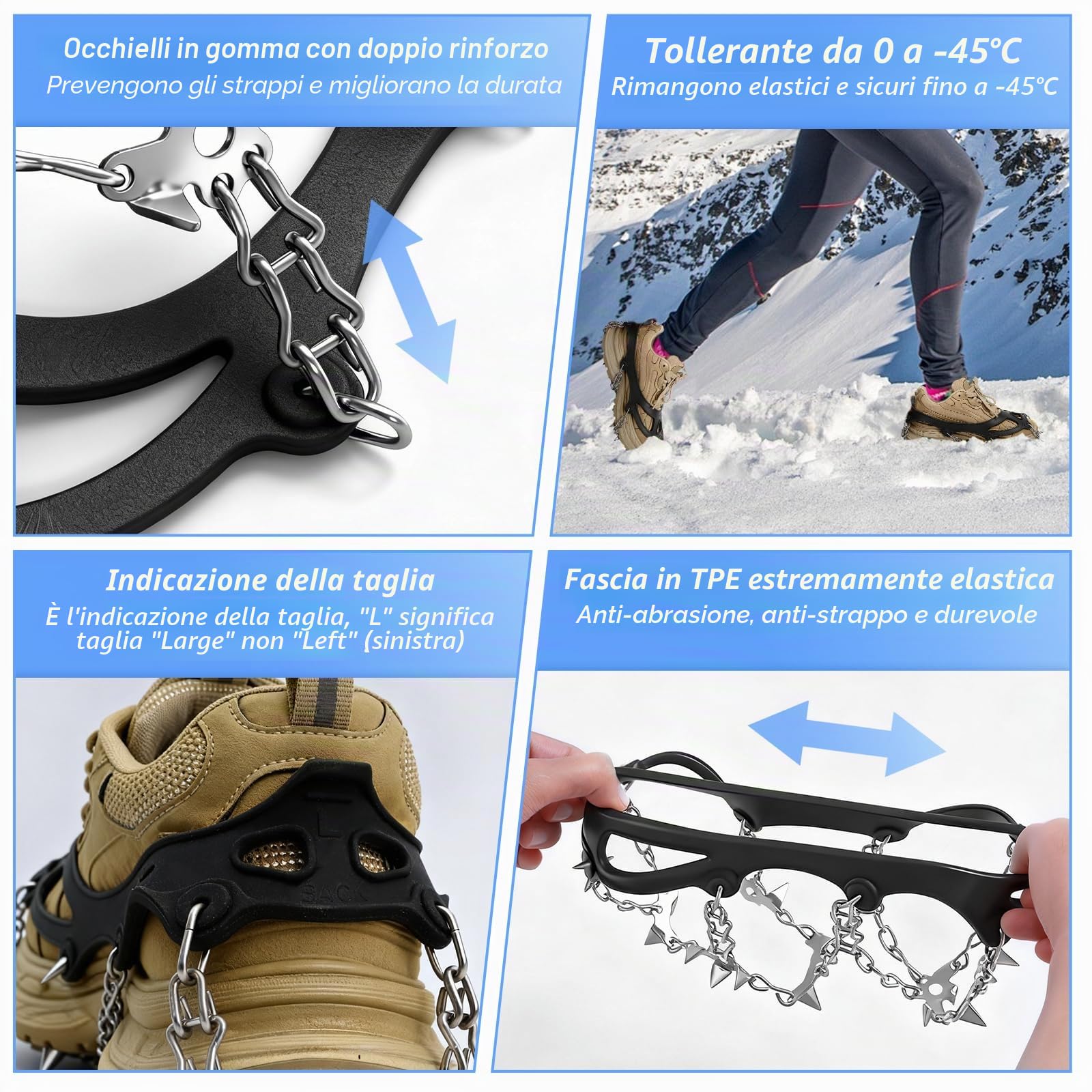 CNMTCCO Ramponi per scarpe da montagna, punte antiscivolo per scarpe e stivali, punte per scarpe da trekking con 19 punte in acciaio inox, trazione con antiscivolo per camminate, alpinismo