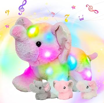 Hopearl LED Musical Stuffed Colorful Elephant Light up Singing Plush Toy Playset Mommy Elephant with 3 Baby Elephish in her Tummy Adjustable Volume Lullaby Animated Soothe Gifts for Kids, 18