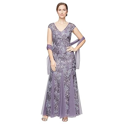 Alex Evenings Long Embroidered Fit and Flare Dress with Godet Detail Skirt and Shawl Women