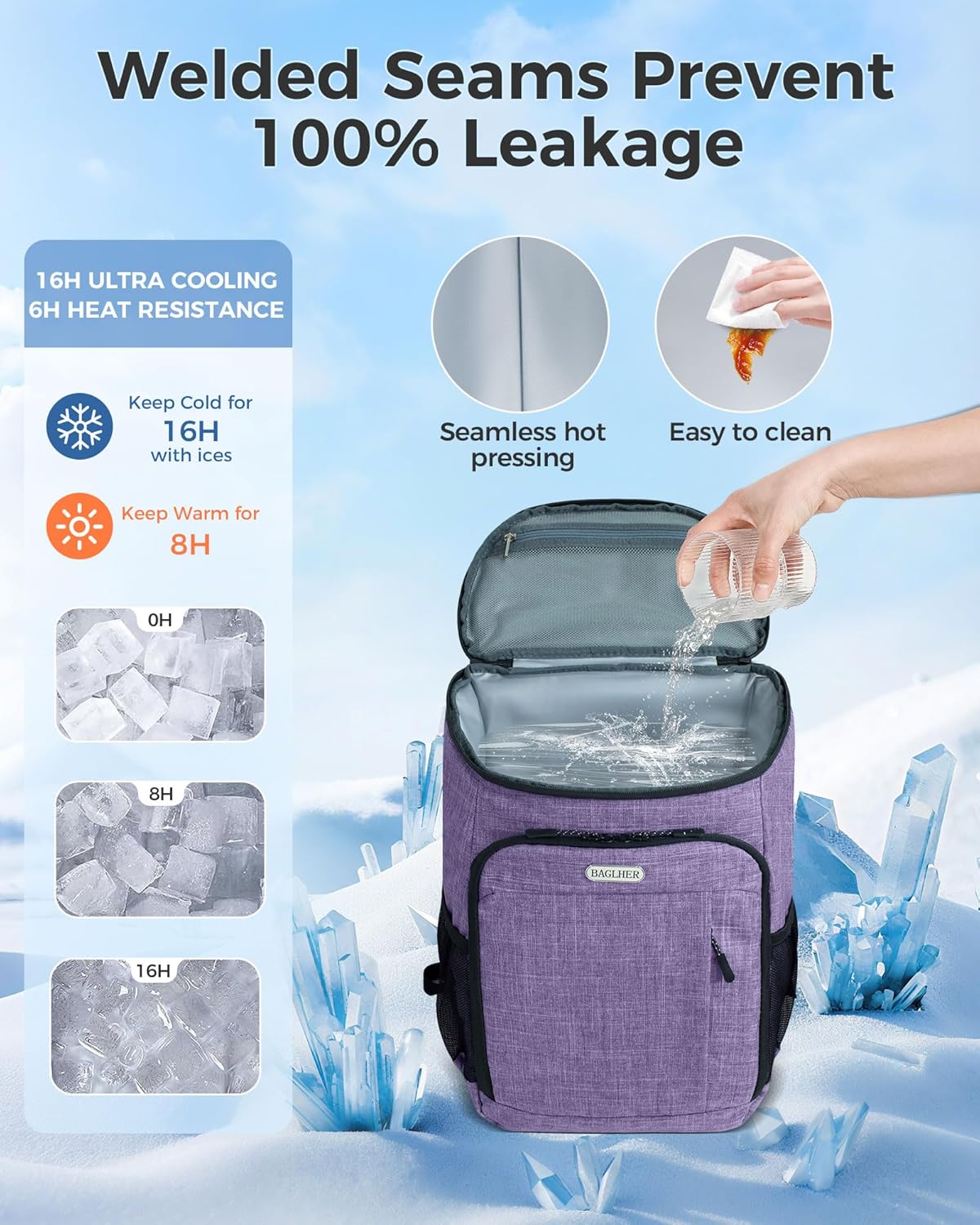 BAGLHER Lightweight Insulated Cooler Backpack - 30 Cans, Leak-Proof for Lunch, Picnic, Hiking, Camping Trips
