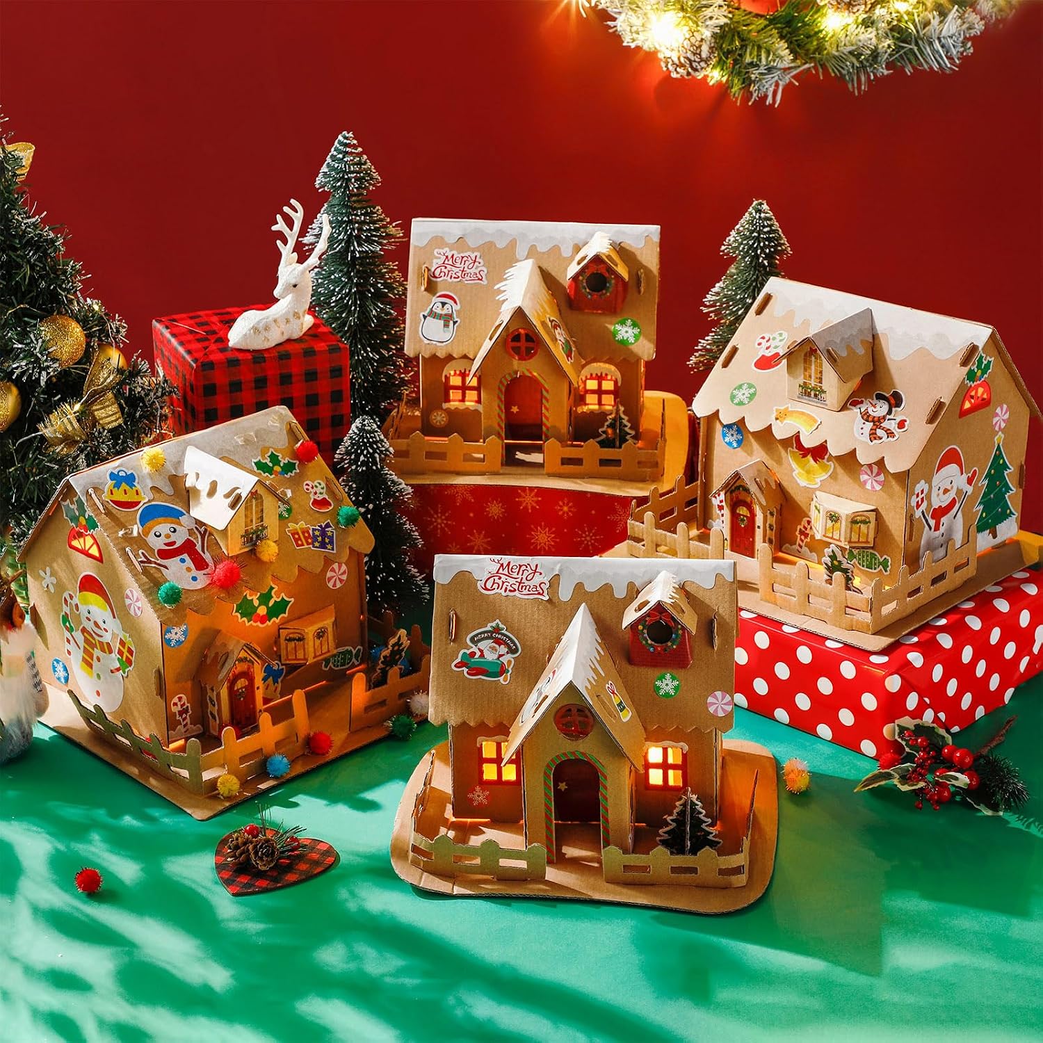Poen 8 Set Christmas Gingerbread House Kit Bulk Prebuilt Mini Gingerbread House Kit Fun DIY Cardboard Christmas Craft Supplies for Holiday Party Decoration(Stylish Style)