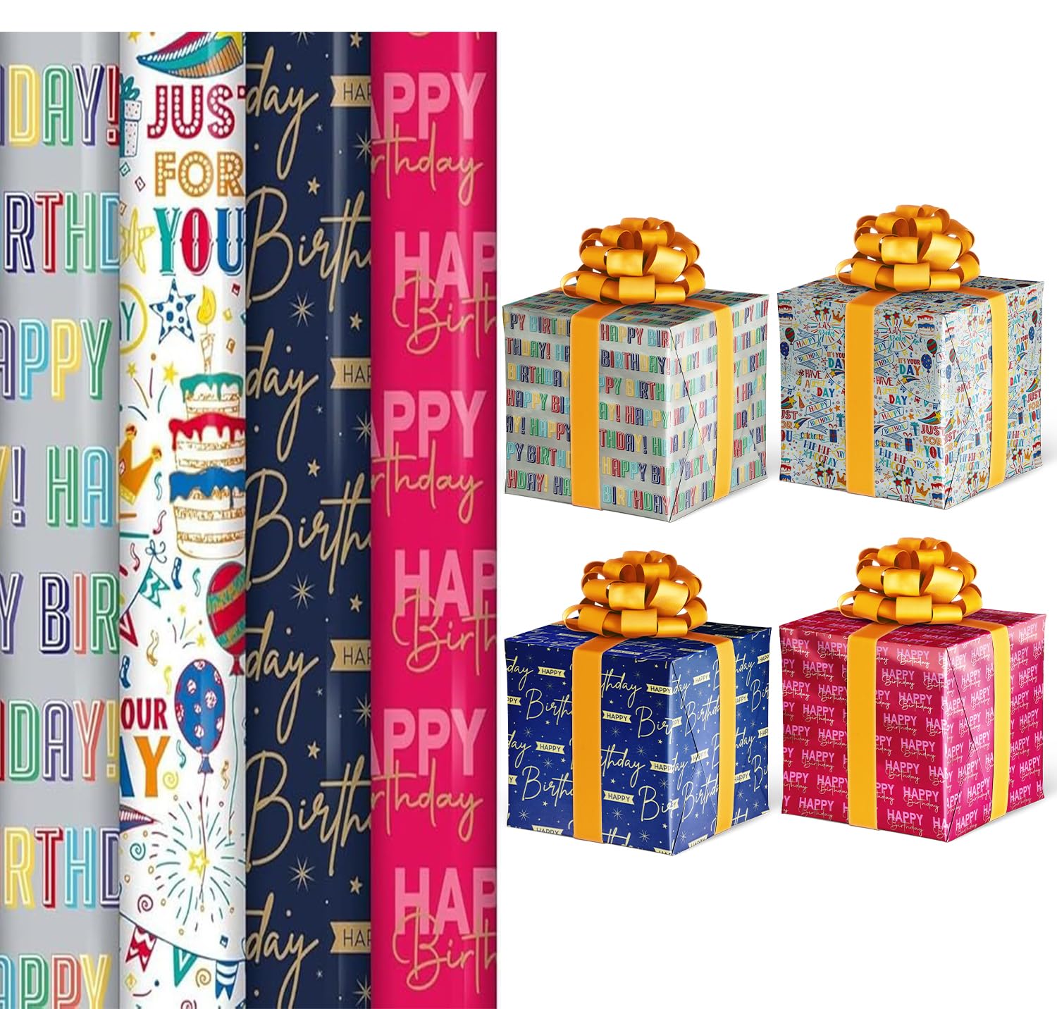 Pack of 4 x 3M Happy Birthday Gift Wrapping Paper Rolls | Colourful Birthday Wrap for Kids & Adults | Fun Gift Wrap Paper for Boys, Girls, Men & Women | Ideal for Parties, Celebrations & DIY Crafts