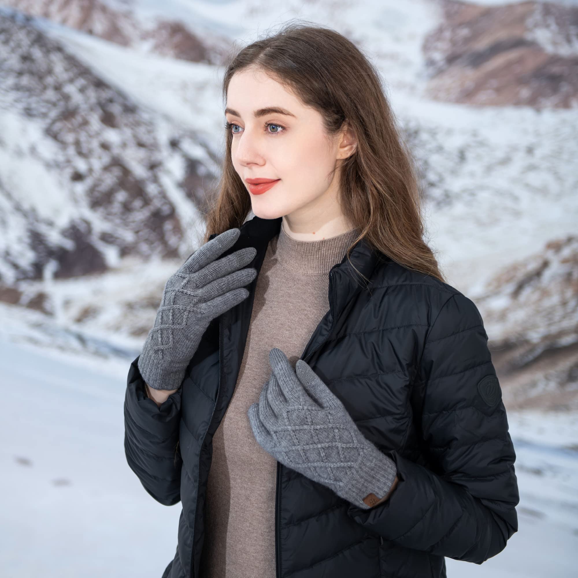 REACH STAR 2 Pairs Winter gloves for women Touch screen Elastic Thermal knit Lining Warm Gloves for Cold weather: Khaki+dark Gray