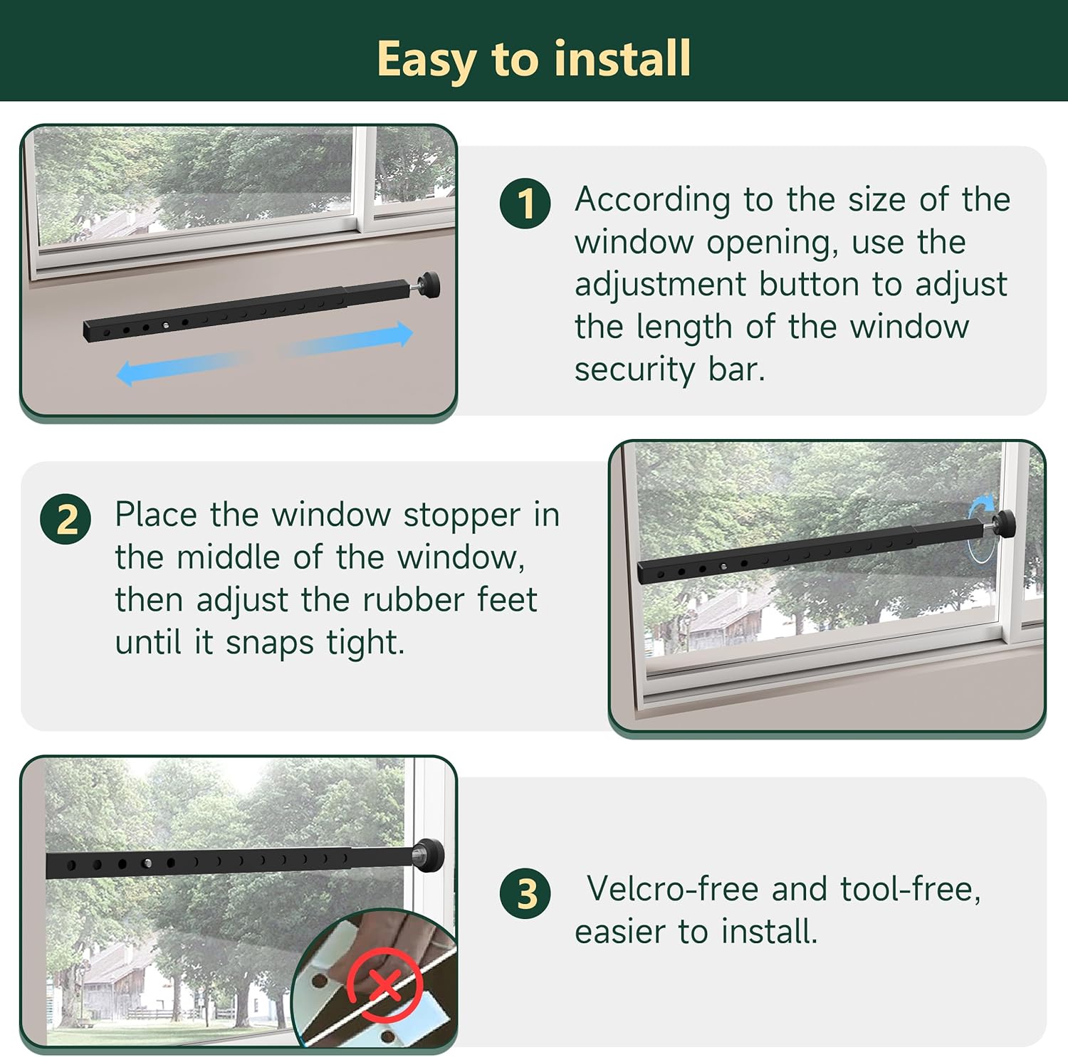 Adjustable Window Security Bars Vertical, Heavy Duty Sliding Patio Glass Door Lock Bar with Rubber Feet, 17-32 inch Window Safety Stopper for Up and Down Windows -Black 4 PCS Patented