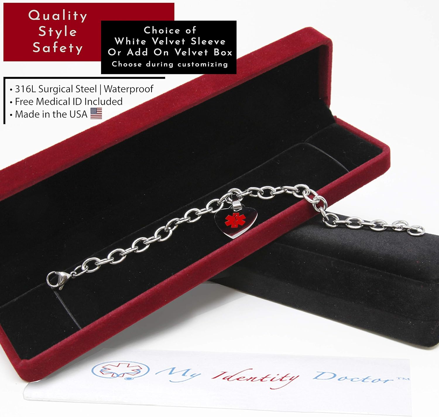 Medical Id Bracelets For Women With Free Engraving, Stainless Steel And Id Card, O-link Chain Alert