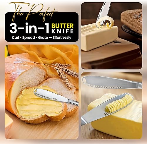 Miniatura 2 de Juego de 2 cuchillos de mantequilla de acero inoxidable, 3 en 1, esparcidor de mantequilla y utensilios de cocina, esparcidor de mantequilla fría,