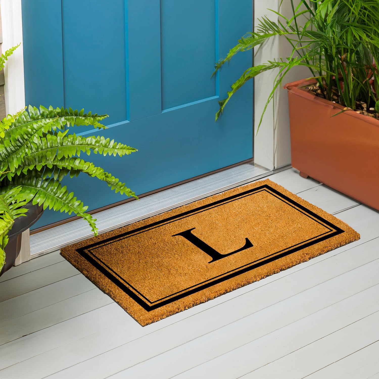 Evergreen Flag Monogram Letter L Entrance Doormat | 28 x 16 inches | Dirt Catching Natural Coir | All-Season | Non-Slip Backing | Indoor and Outdoor Home Decor