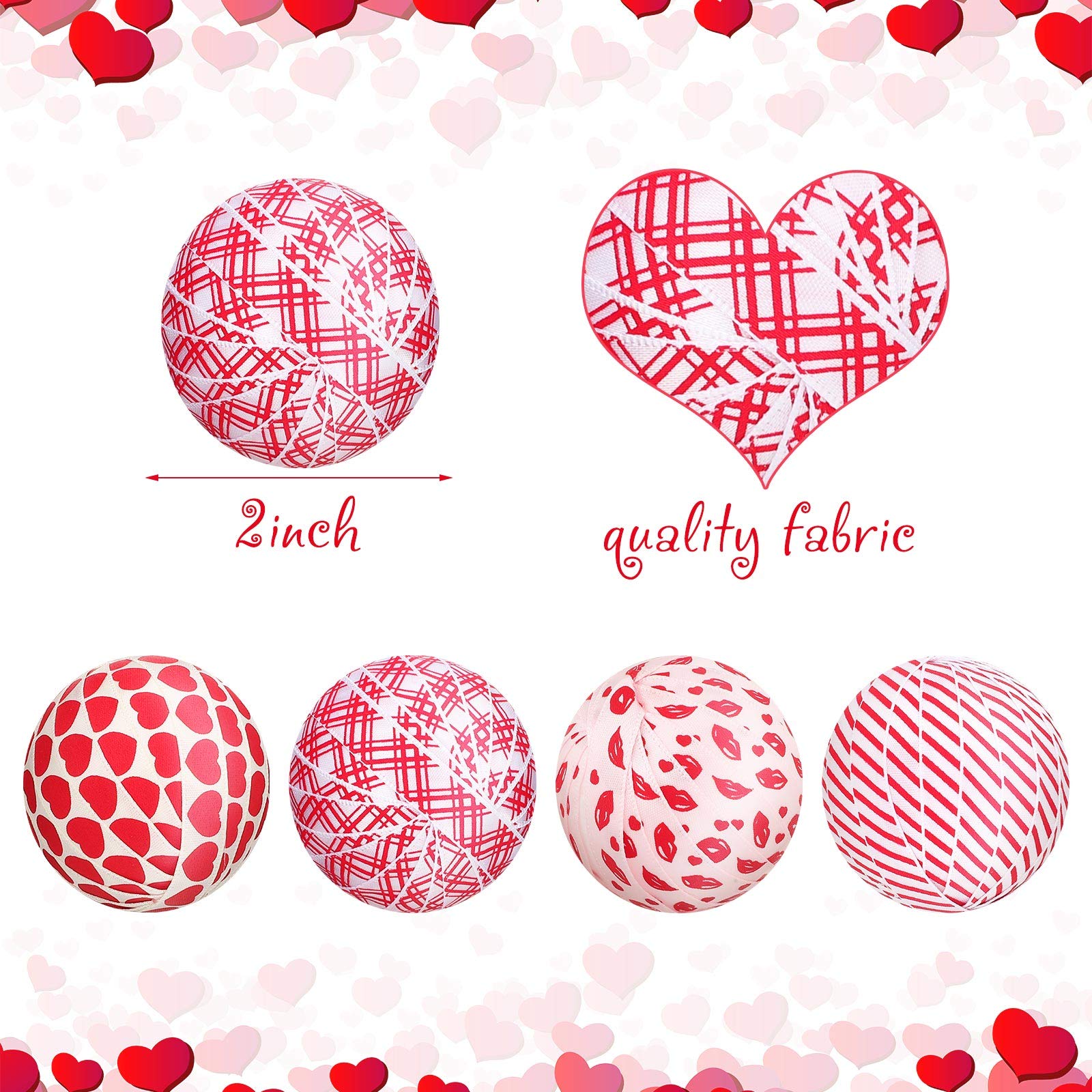 Tatuo 16 Pieces Fabric Wrapped Balls Valentine‘s Day Fabric Rag Balls Decorative Valentines Ornaments Check Strip Heart Lip Print Bowl Fillers for Party, Valentine‘s Day, Wedding Table, 4 Styles