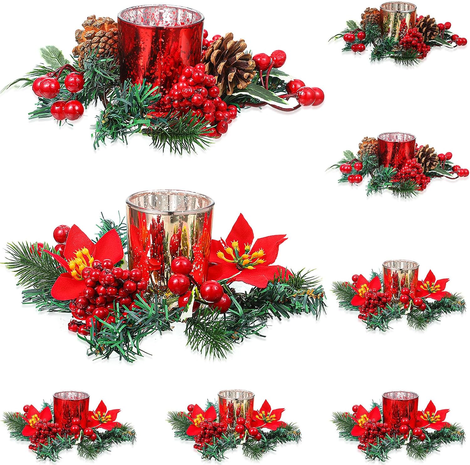 Ceenna Set of 24 Christmas Candle Rings Wreaths Norfolk Pine Garland Red Berry Poinsettia and Artificial Berries Pine Garland Candle Ring Holder for Christmas Wedding Home Table Centerpiece Party