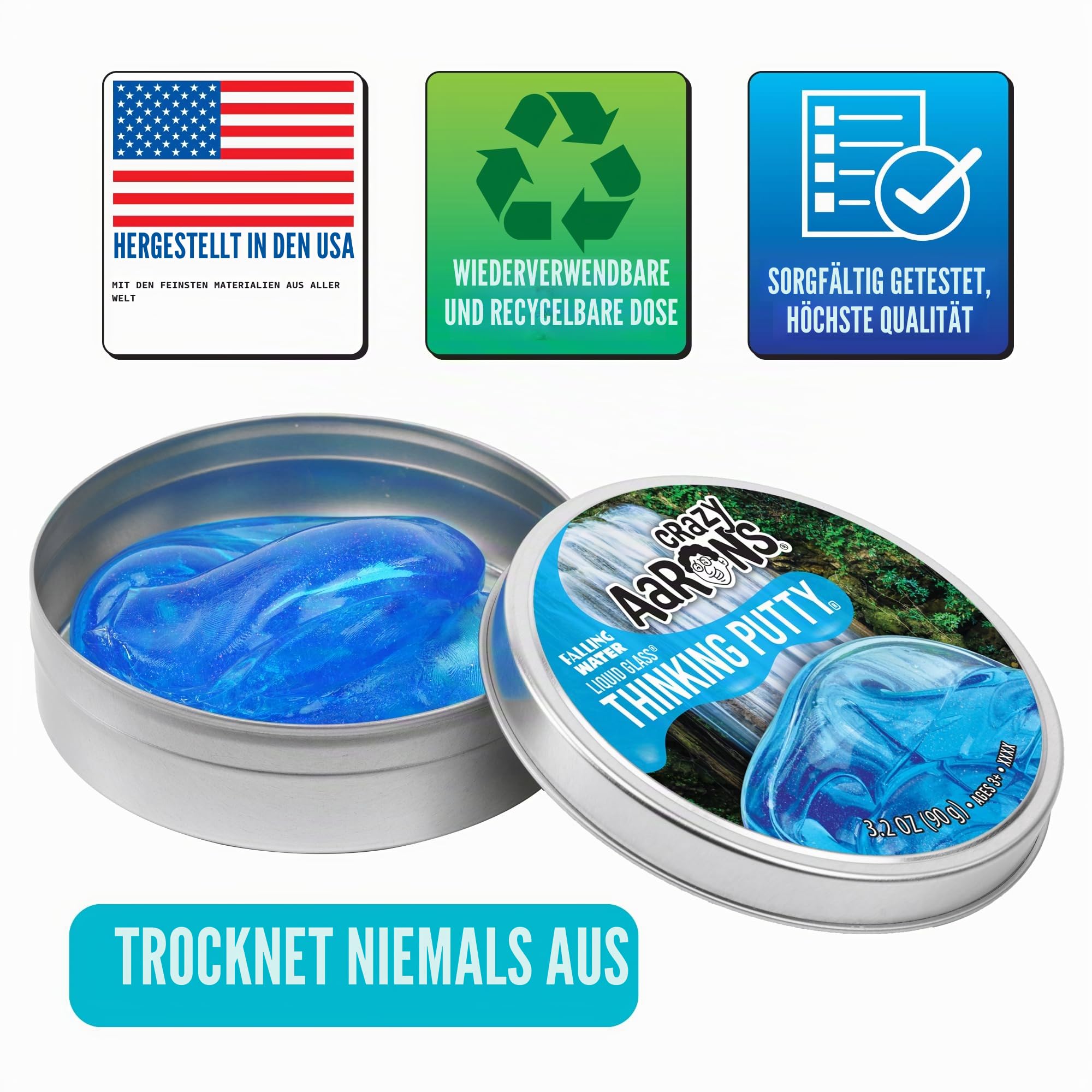 Crazy Aaron's Transparenter Knetmasse – 10,2 cm Fallendes Wasser Flüssigglas Durchsichtige Knetdose – 90 g, trocknet nie