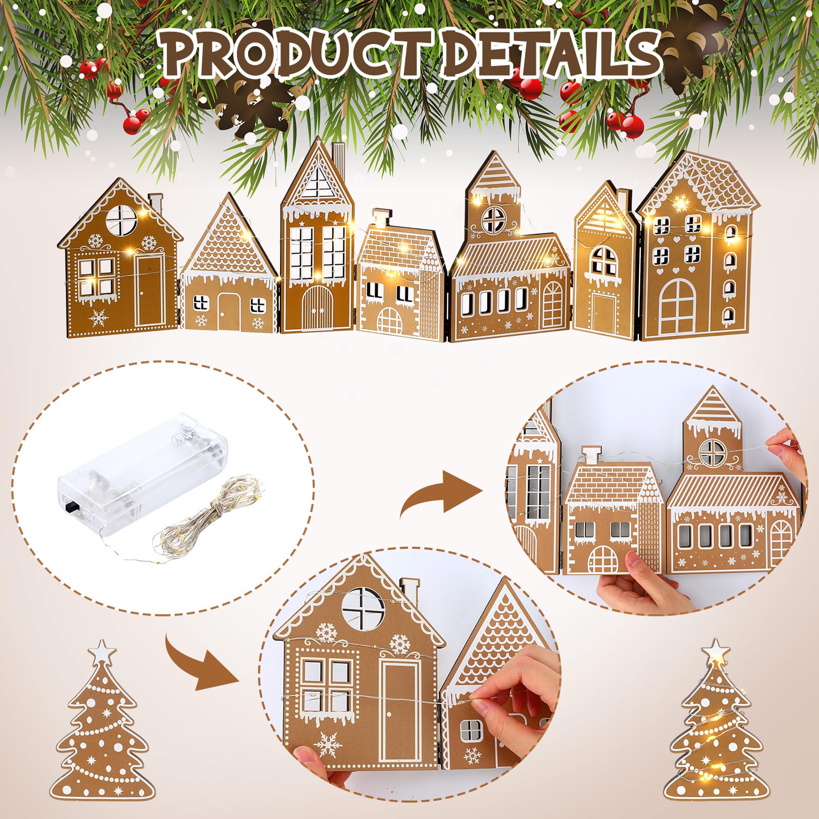 Retisee 1 lot de décorations de Noël en pain d'épices pliable avec lumière LED et 2 arbres de Noël, village de Noël, décoration d'intérieur, cadeau pour fête, 20 x 15 x 7 cm (pain d'épices, jaune)