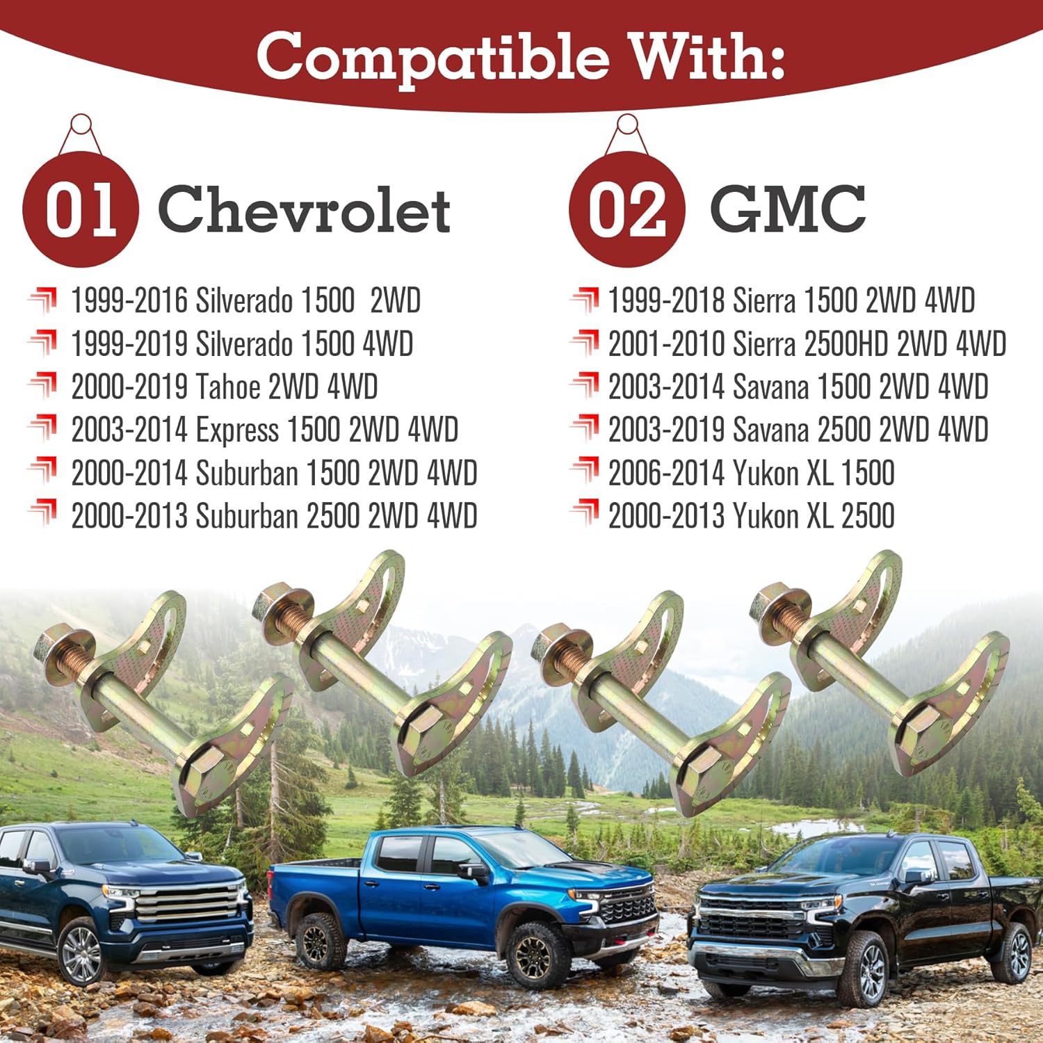 KR0026 Truck Camber Bolt Kit, Compatible with 2001-2010 Chevy GMC 1500HD 2500HD 3500 Trucks, Upper Control arm Cam Bolts ±1.5 °