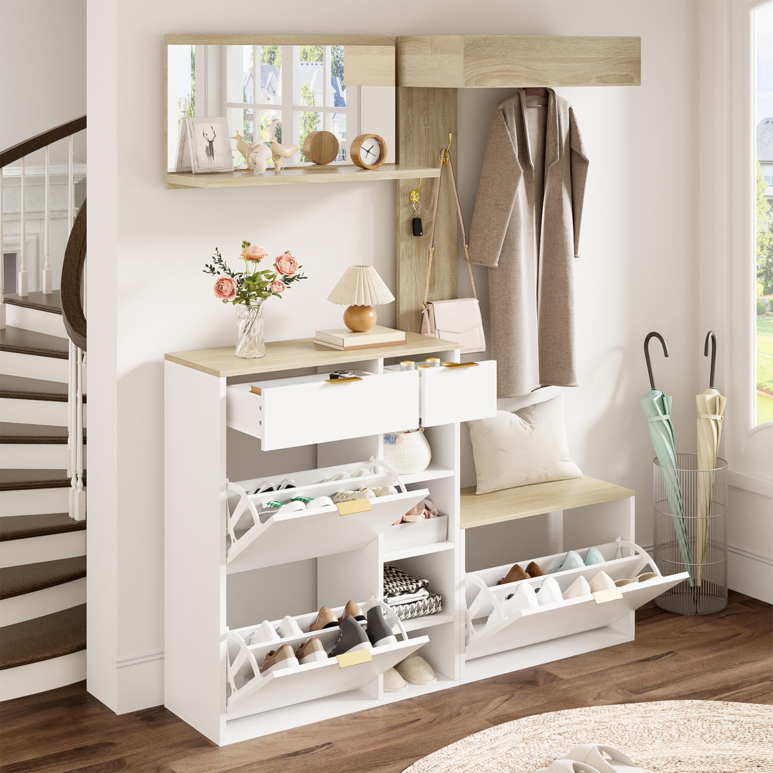 Conjunto de Recibidor de Entrada con Espejo y Ganchos, Perchero de Pared con Banco Zapatero, Juego de Mueble Recibidor con Cajones y Espacio de Almacenamiento, 174x130x30 cm, Natural + Blanco
