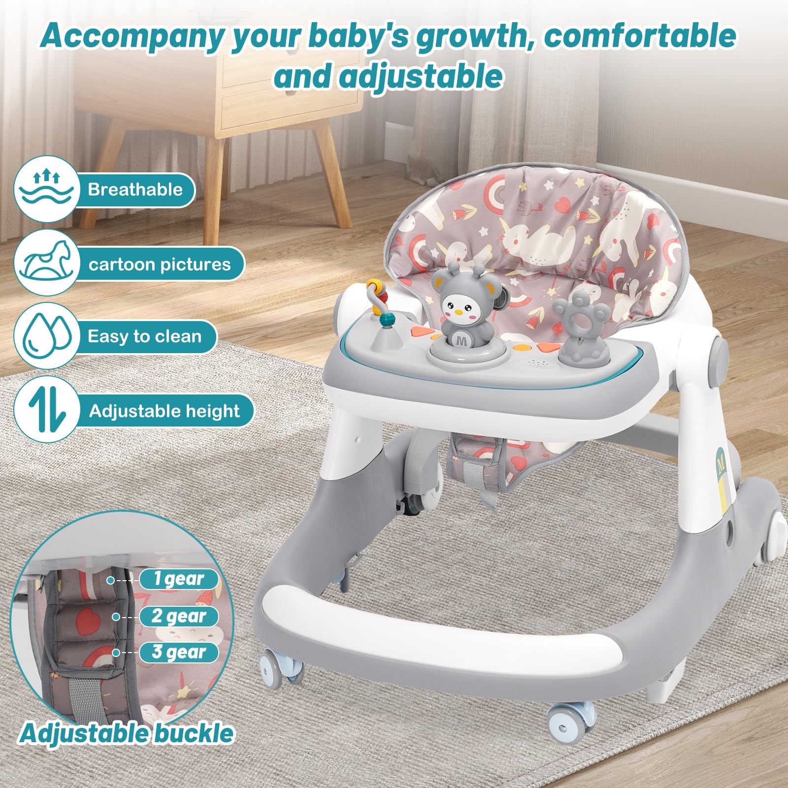 Trotteur Bébé Garçon Fille 6 Mois,Chariot de Marche Bébé Évolutif 3 en 1,Baby Walker Aide Marche Bébé,Apprendre à Marcher Trotteur Pousseur Gris