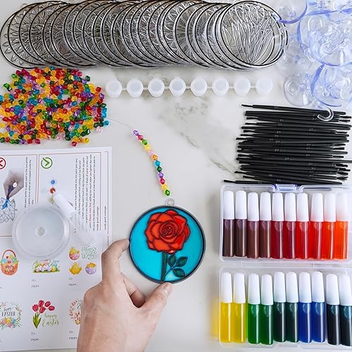 Miniatura 2 de Winlyn Juego de 24 adornos de atrapasoles de flores de primavera, decoración de bricolaje, pintura de ventana, kit de arte para niños, actividades