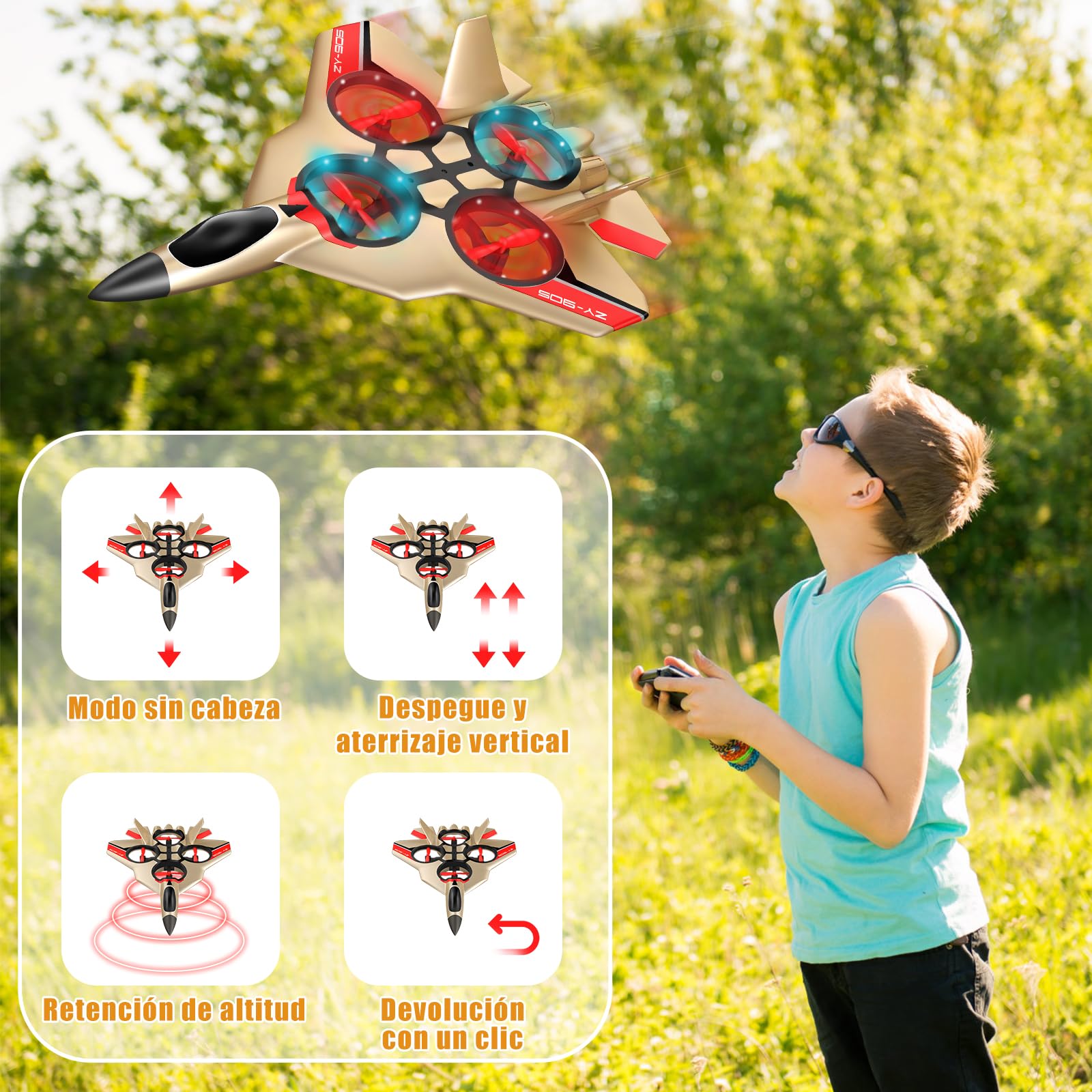 JONRRYIN Avión Teledirigido, 2.4 GHz Aviones de Radiocontrol con Baterías y Estabilizador de Giroscopio de 4 Ejes, Avión RC Juguete con Luz LED para Principiantes Niños Adultos (Gold)