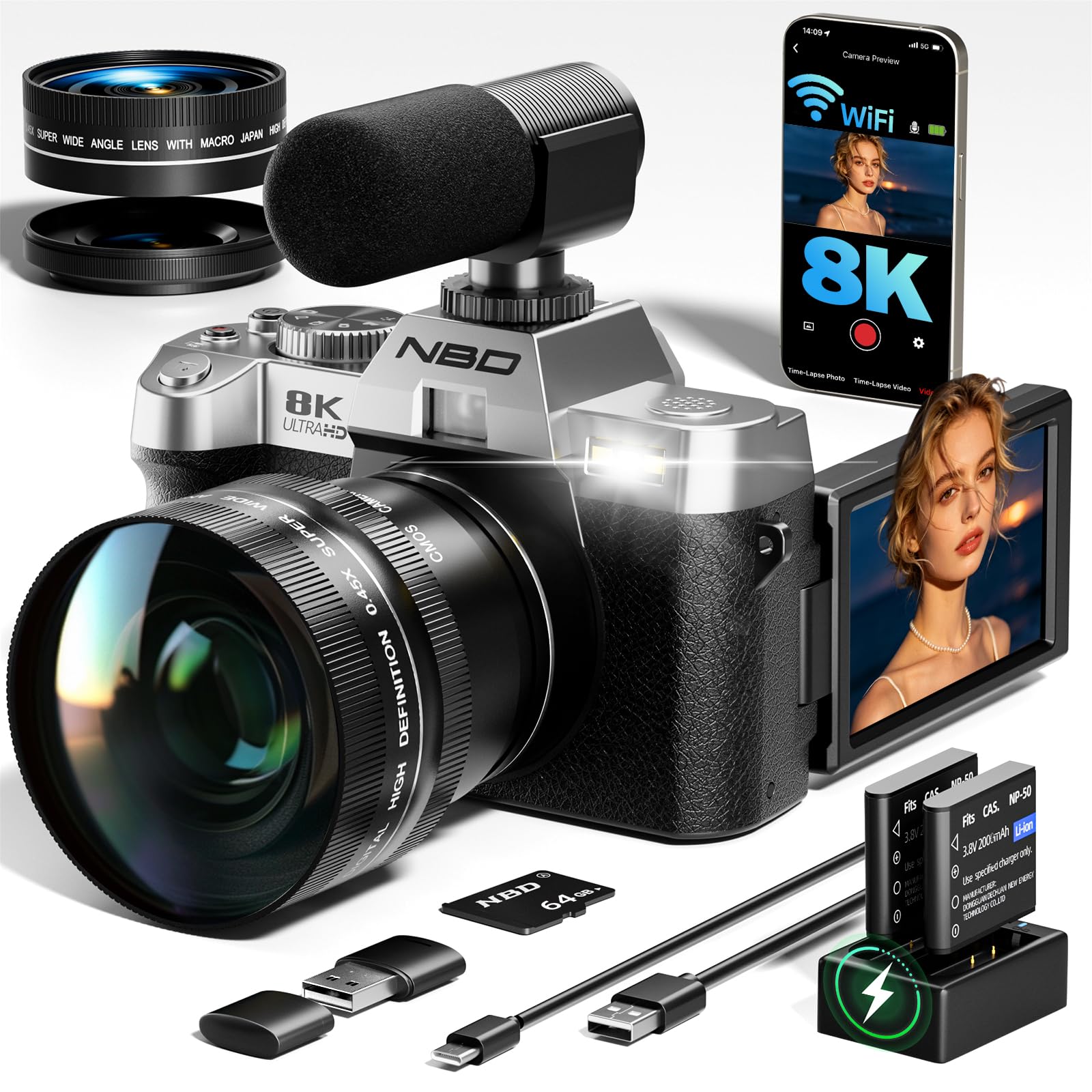 True 8K Digital Cameras for Photography 64MP - WiFi, Wide-Angle & Macro Lens, 16X Zoom Autofocus, 3" 180° Flip Screen, 64GB Card, Vlogging Camera for YouTube Travel(Silver)-image-22