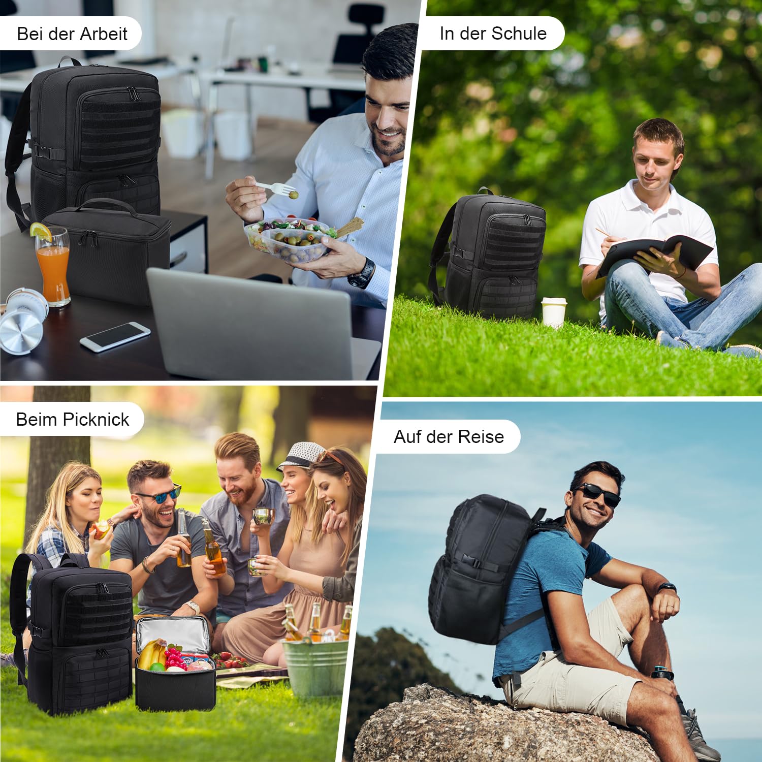 BERTASCHE Zaino per il pranzo, zaino per computer portatile con borsa termica per 15,6 pollici, zaino 2 in 1 da uomo, per lavoro, scuola, picnic, università, nero scuro