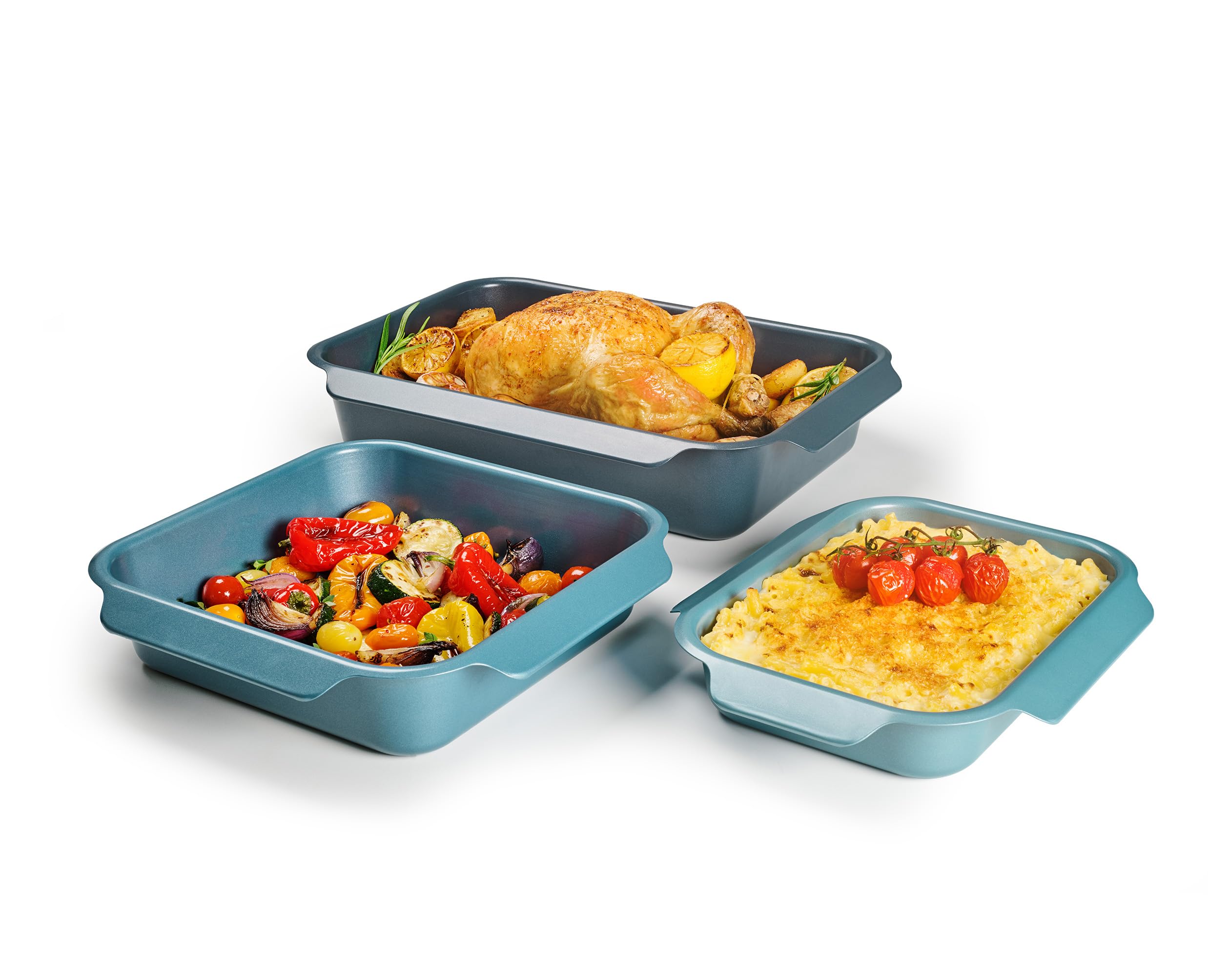 Joseph Joseph Nest 3er Backblech-Set, stapelbar, Antihaft-Karbonstahl, leicht zu ziehende Griffe, platzsparend, 41 x 30 x 9,6 cm, Blau