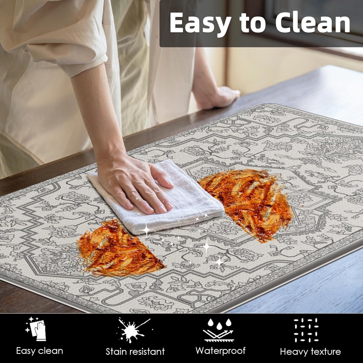 Arttown Boho Anti-Fatigue Kitchen Rug Set of 2 Grey White Cushioned Floor Standing Mat Waterproof Non-Slip Mat and PVC Ergonomic Comfort Foam Rug