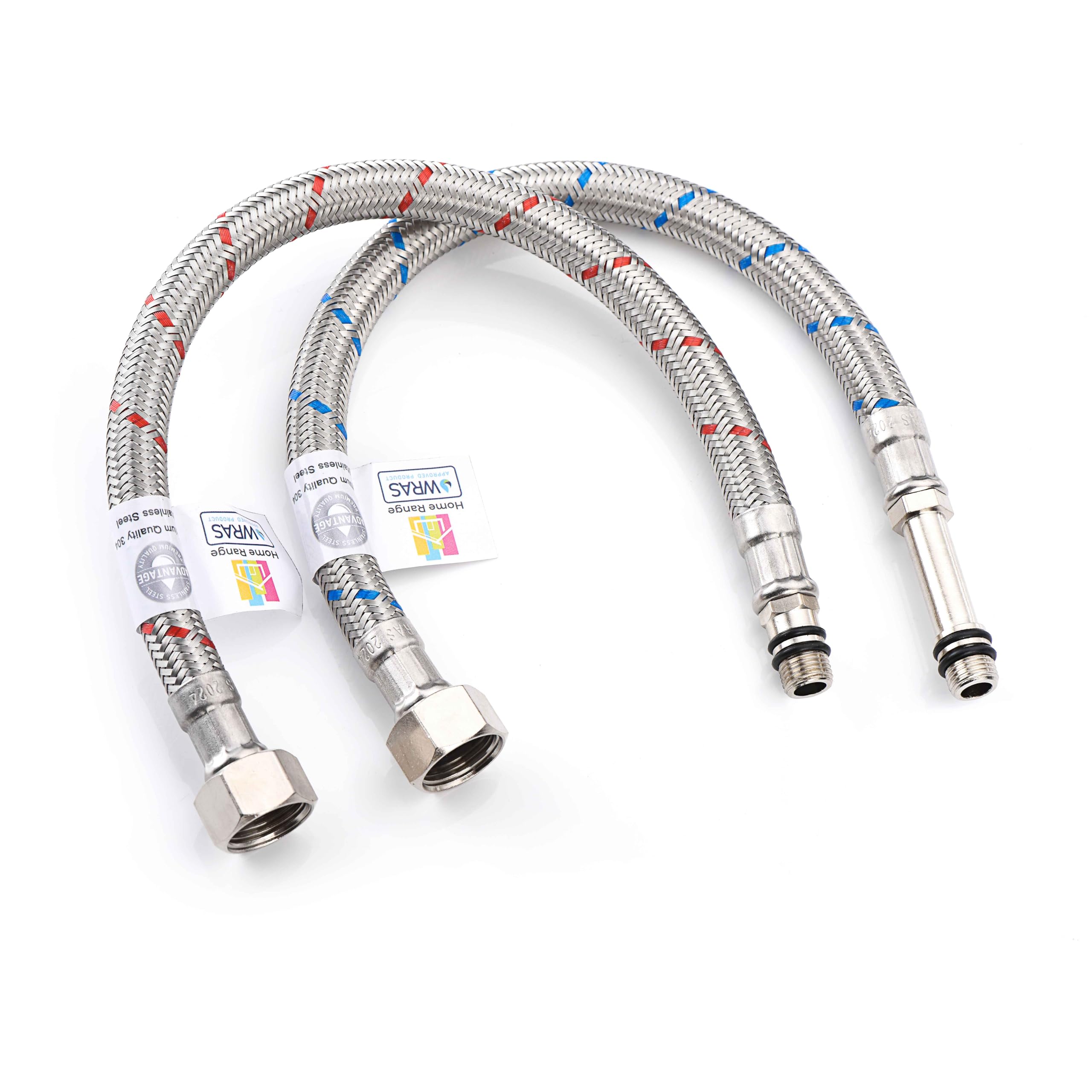 Coppia di connettori flessibili per rubinetto, approvati WRAS M10 (10 mm) x 3/8", 300 mm, 2 lunghezze, tubi flessibili per rubinetto monoblocco in acciaio inossidabile, tubi flessibili a