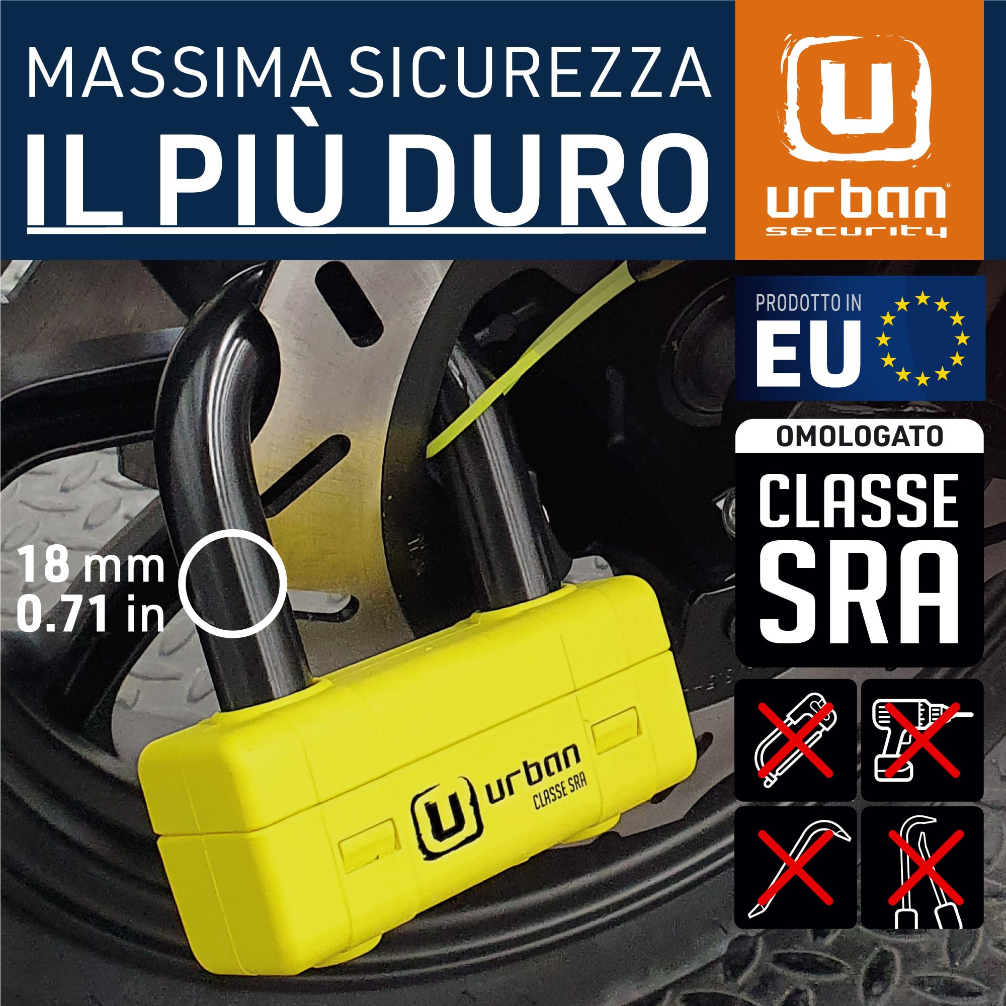 URBAN UR75 Antifurto Bloccadisco Moto Mini U Testato Massima Sicurezza, Omologato SRA, Arco in Acciaio Cementato ø18 con Doppia Chiusura, Più Versatile e Deterrente, Cavo Promemoria, Lucchetto Moto