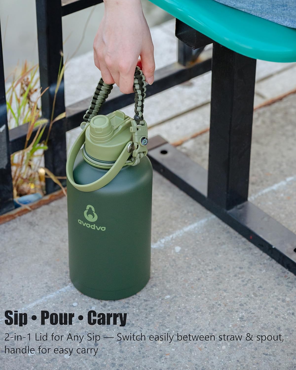 64 oz Water Bottle with 2 Lids (2-in-1 Straw & Spout Lid, Magnetic Lid), Insulated Water Bottle with Strap, Stainless Steel Water Bottle for Hiking, Gym, Travel, BPA-Free, Army Green