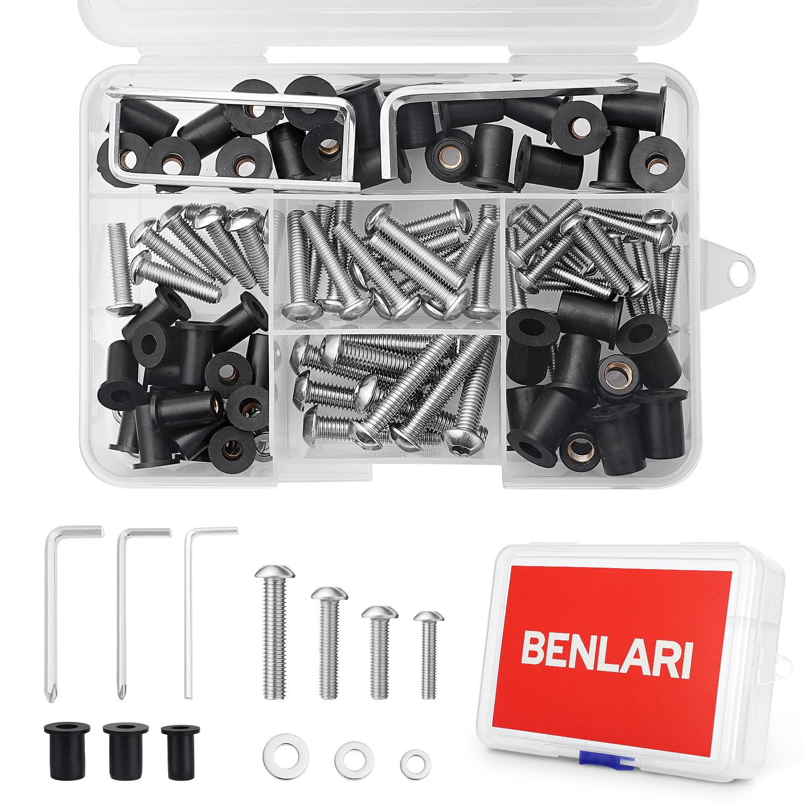 Benlari 52 Pairs Well Nut Bolts Kit, 304 Stainless Steel Button Head Socket Cap Screws M4 M5 M6 TPR Rubber Expansion Nuts Brass Copper Bolts Fit for