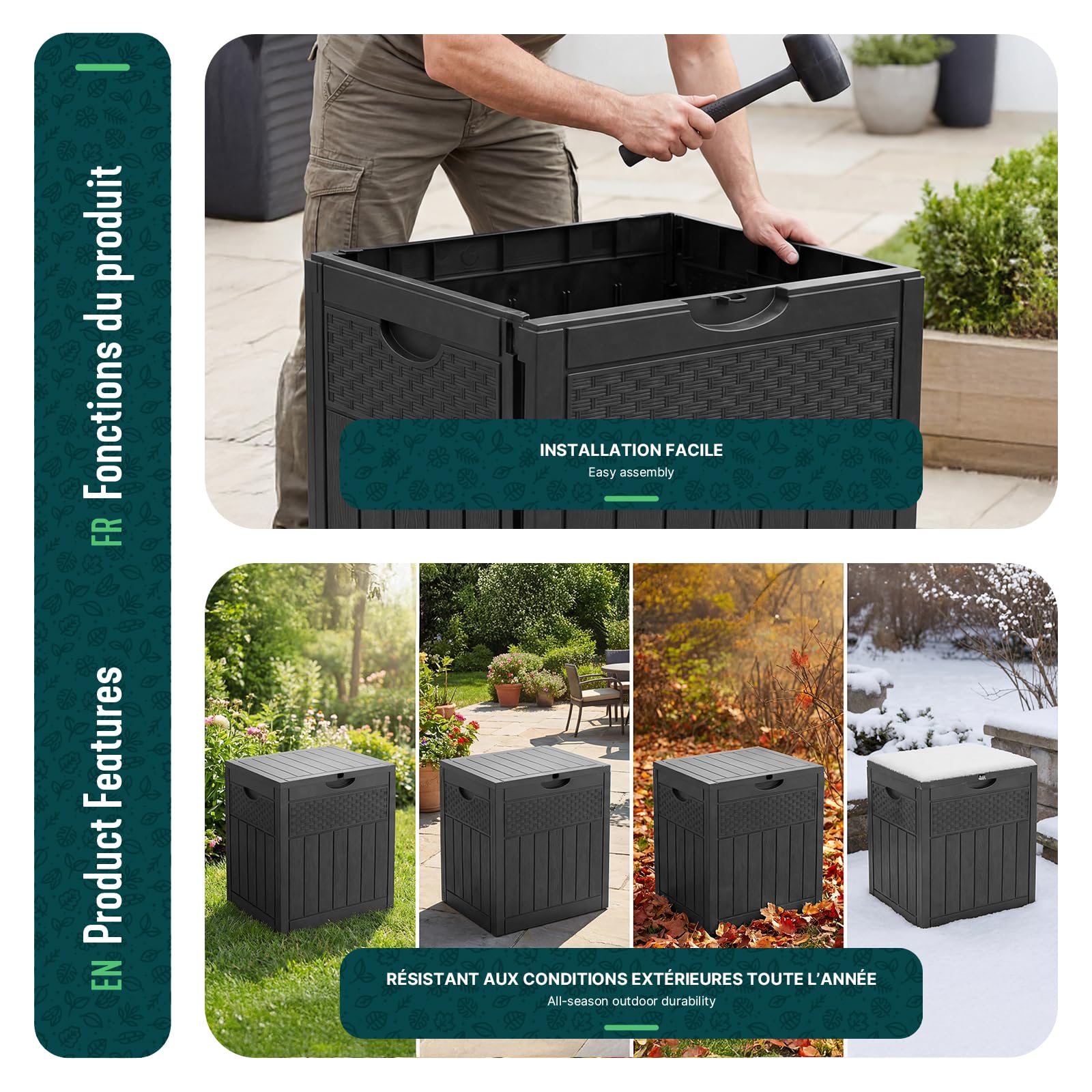 Vounot Coffre de Rangement Extérieur 126L Boîte de Jardin Étanche Anti UV 56x43x53 cm Noir