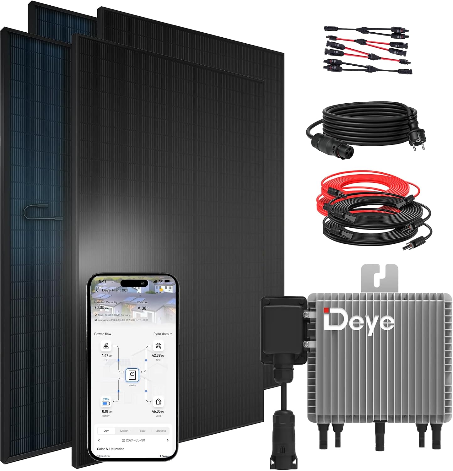 SUNNIVA® 1840W Balkonkraftwerk BIFAZIAL FULLBLACK komplett Steckdose DEYE 800W Wechselrichter, PV Solaranlage, 4x 460W Glas-Glas Solarmodule, inkl. 5m Kabel, Bluetooth WIFI, Komplettset