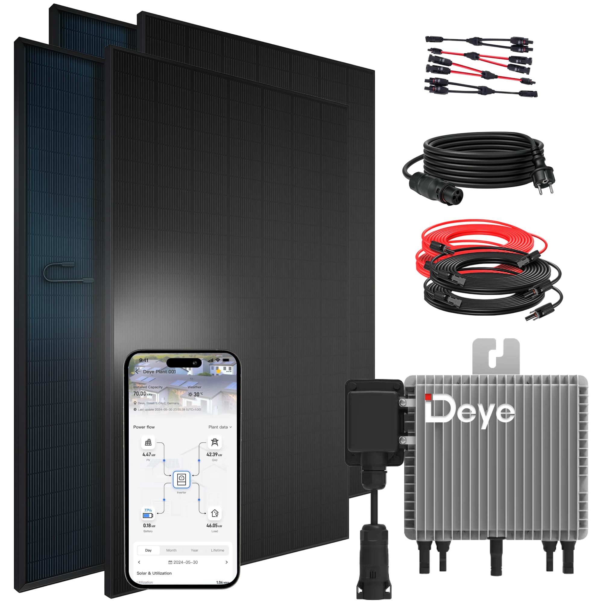 SUNNIVA® 1840W Balkonkraftwerk BIFAZIAL FULLBLACK komplett Steckdose DEYE 800W Wechselrichter, PV Solaranlage, 4x 460W Glas-Glas Solarmodule, inkl. 5m Kabel, Bluetooth WIFI, Komplettset