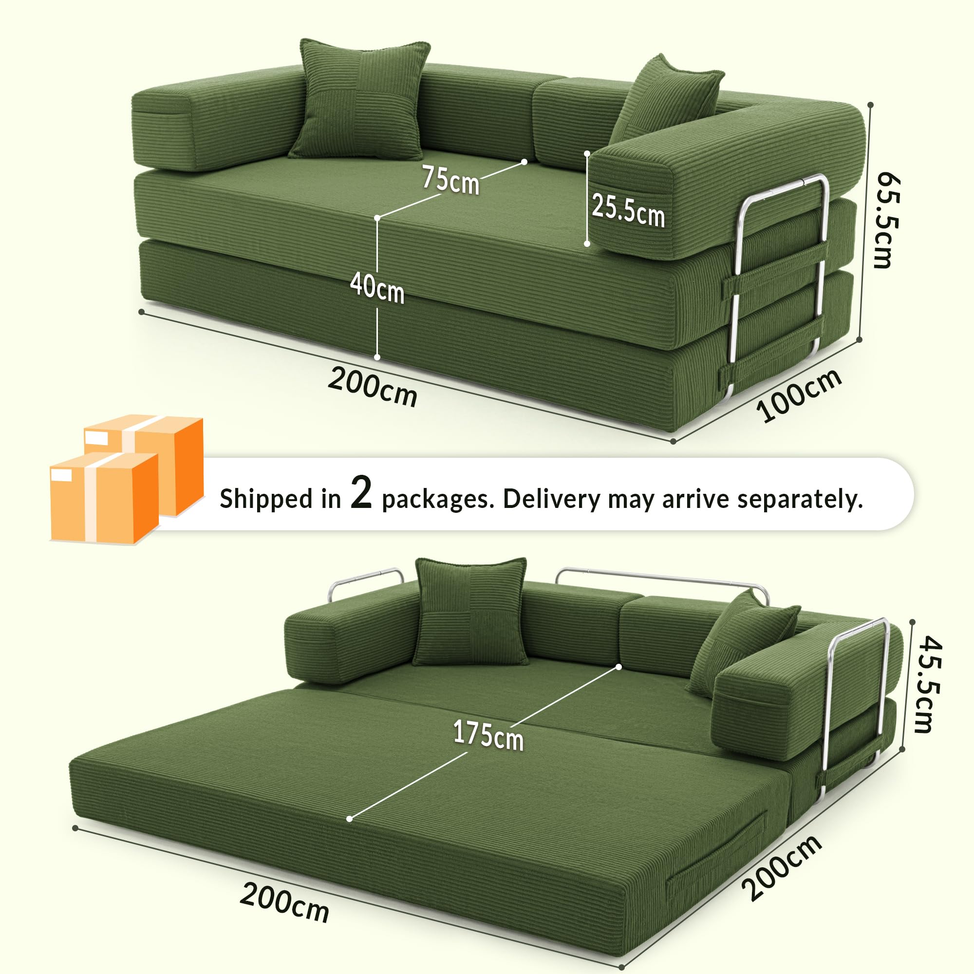 YINIX Divano Letto Pieghevole 200cm Super King, Divano Modulare Futon Boneless, Velluto a Coste con Telaio in Metallo, Materasso da Terra 3 Posti, Base Antiscivolo, Rivestimento Lavabile