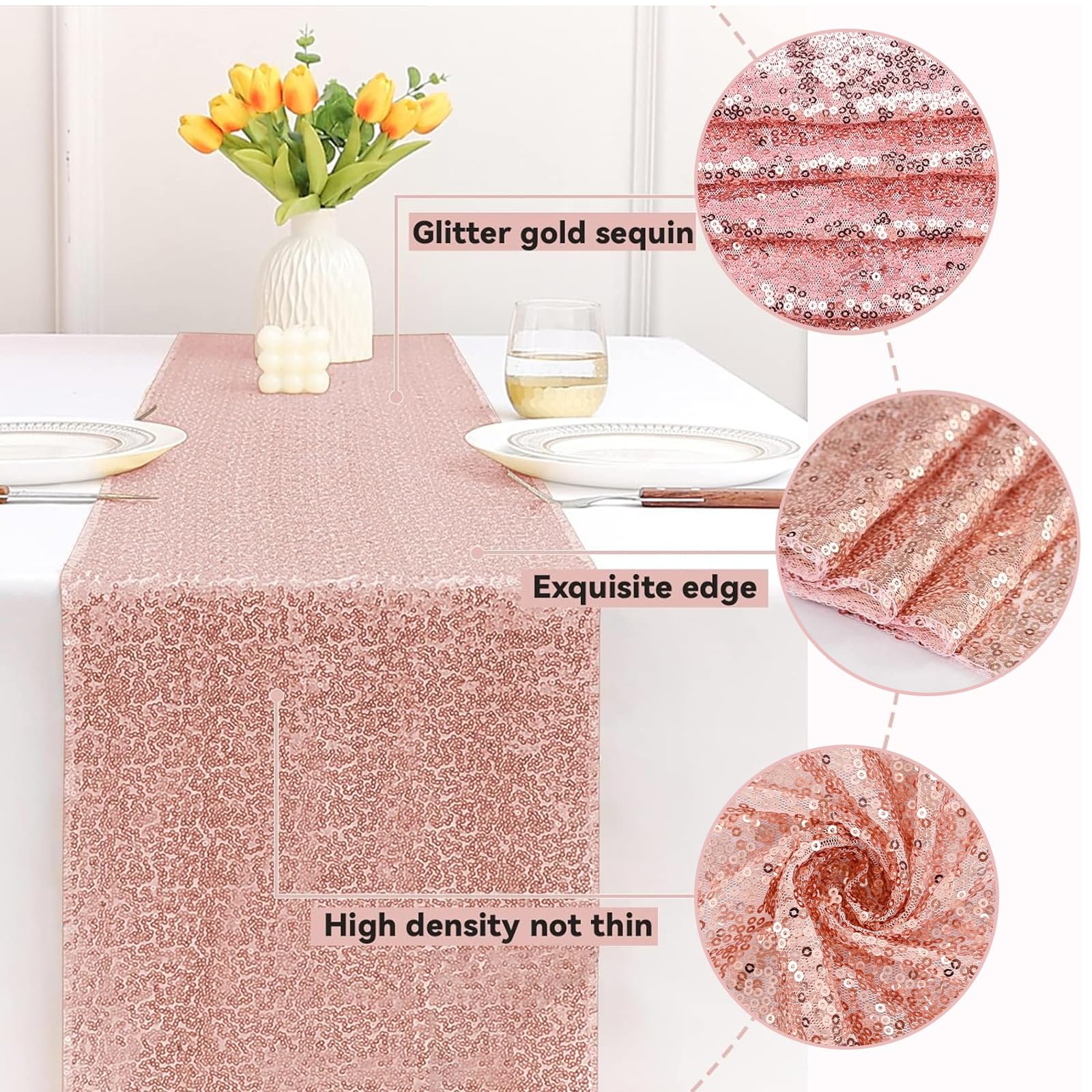 Eowppue Elegant Rose Gold Table Runner 30x180cm, Set of 2, Perfect for Wedding Banquet, and Hotel Decorations - Image 4
