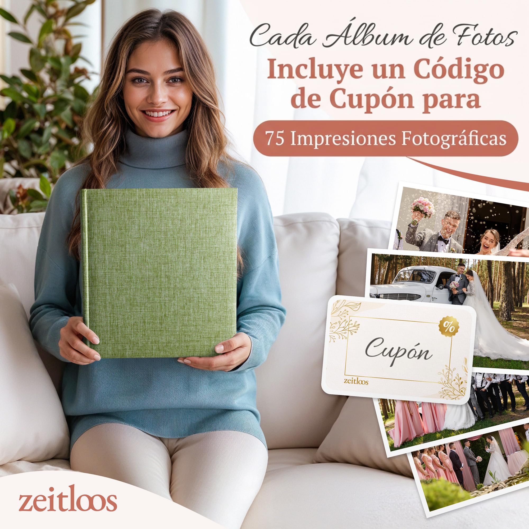 ZEITLOOS® Álbum de fotos para pegar y escribir - lino - 600 fotos Verde | Precioso diseño con hojas protectoras - álbum de fotos 10x15 para rellenar 31x32cm - 100 páginas - boda y regalo