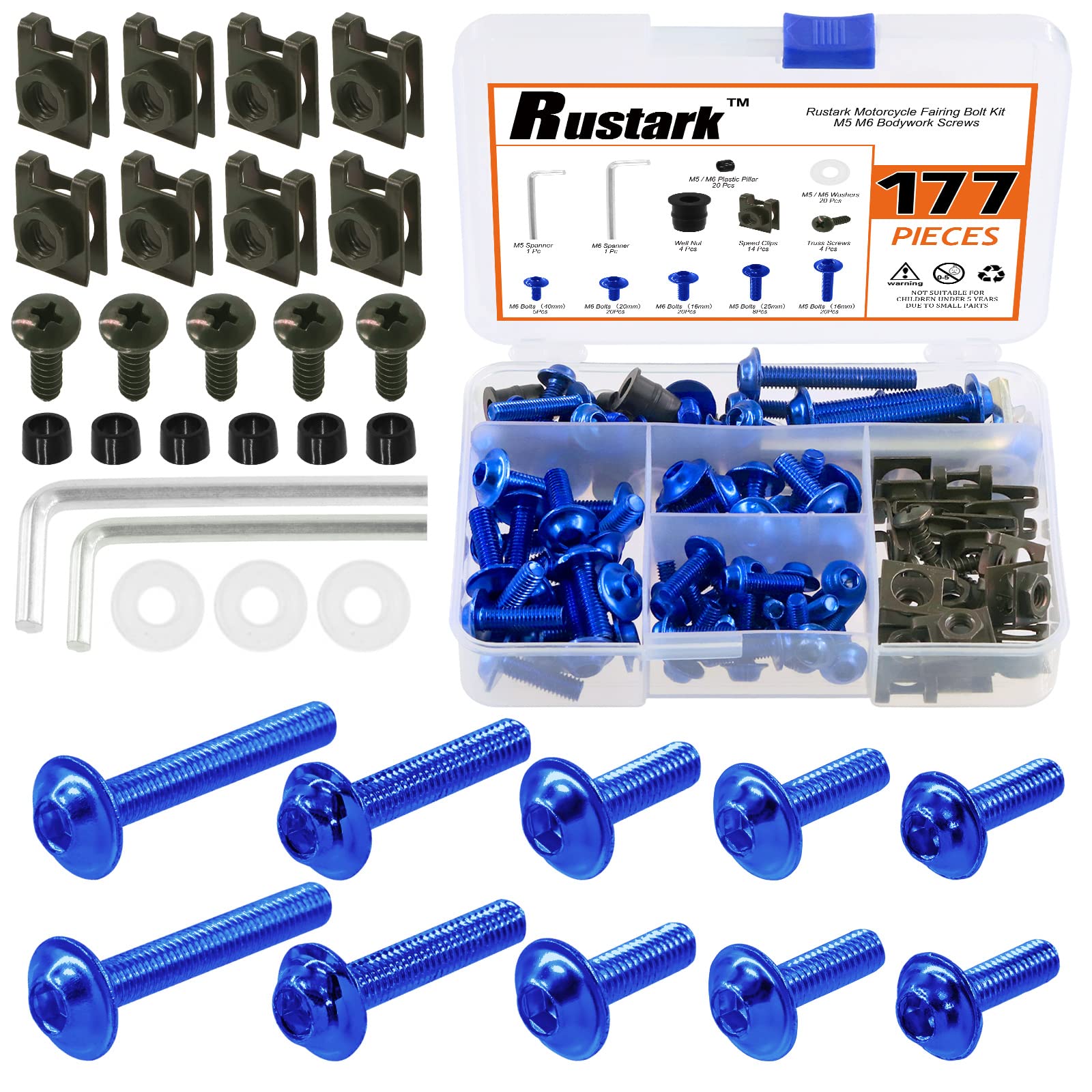 Rustark 177pcs Motorcycle Universal Fairing Bolt Clip Fasteners Assortment Kit M5 M6 Metal Motorcycle Windscreen Screws Washers Clips Kit for Motorcycle Automotive (Blue)