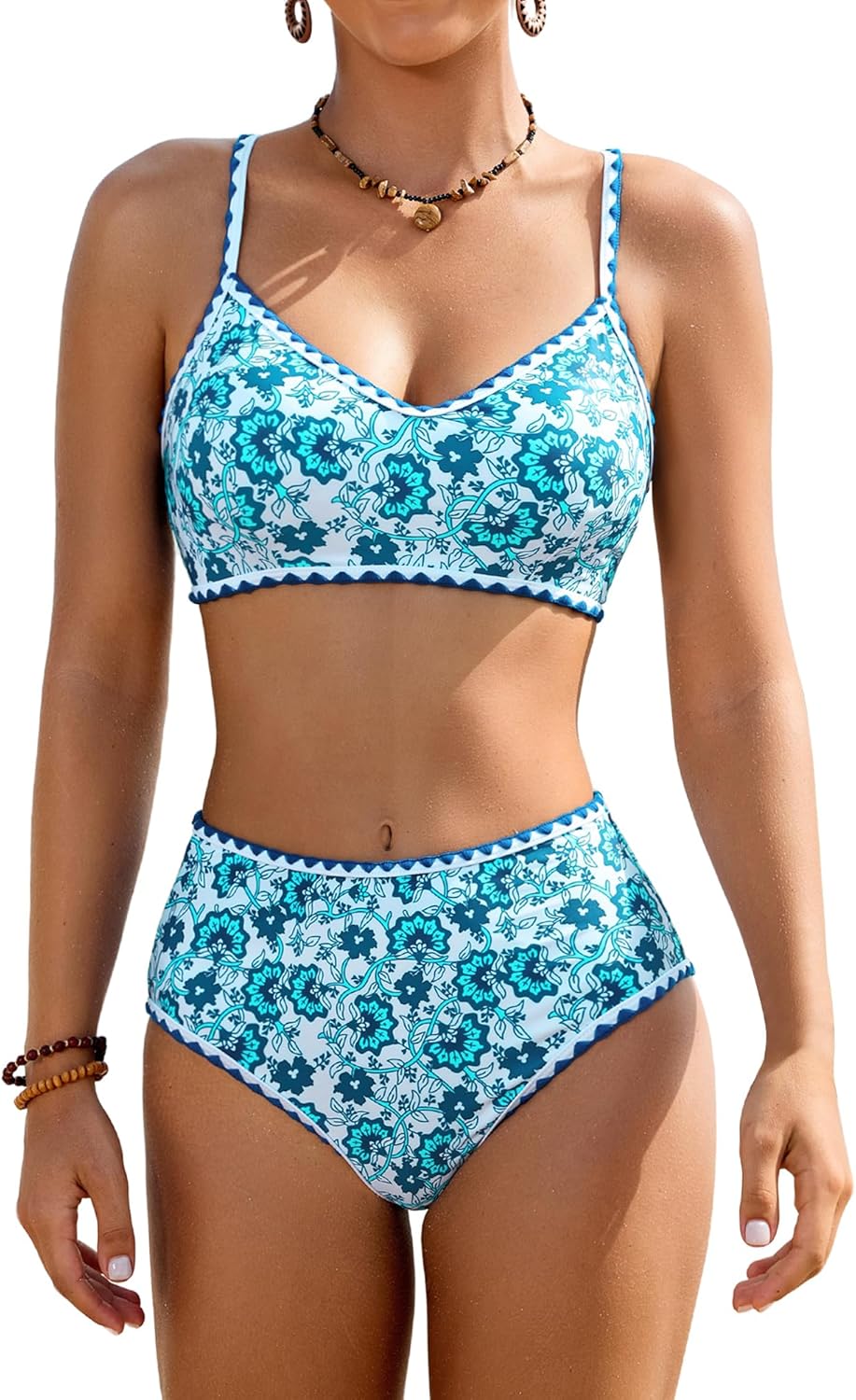 Jolefille High Waisted Bikini Sets for Women Tummy Control Swimsuit Two Piece Bathing Suit Modest Swimwear Cute Floral Teens
