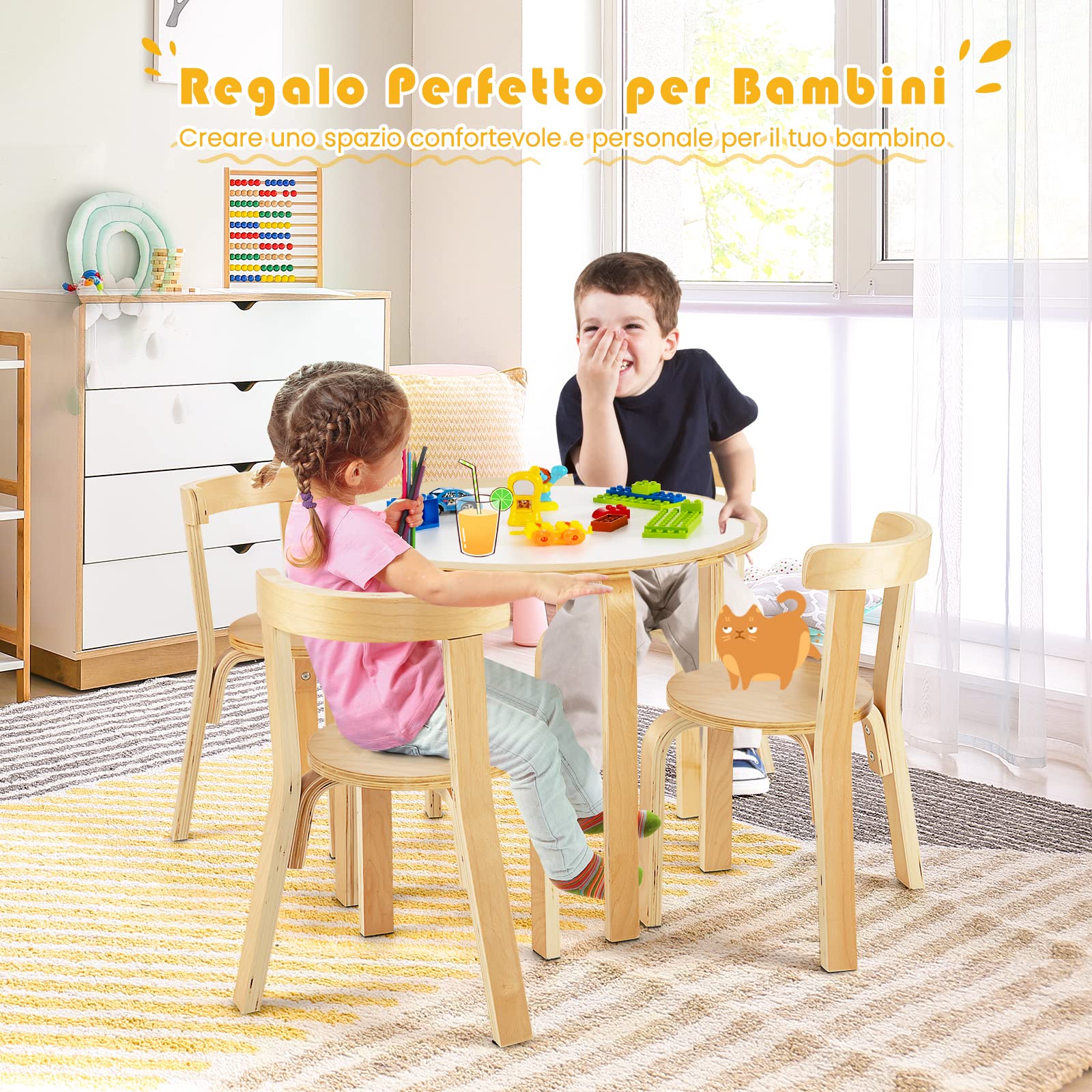 COSTWAY Set Tavolo e Sedie per Bambini, con Schienale Curvo in Legno, Tavolo Attività per Bambini con 4 Sedie, Capacità di Peso 25kg, 4+ Anni (naturale)
