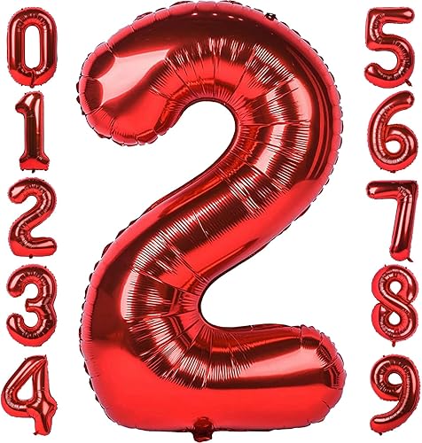 Globo de 2 números rojo de 40 pulgadas, globos grandes de Mylar para niños de 2 años de edad, decoración de fiesta de cumpleaños, boda, aniversario,