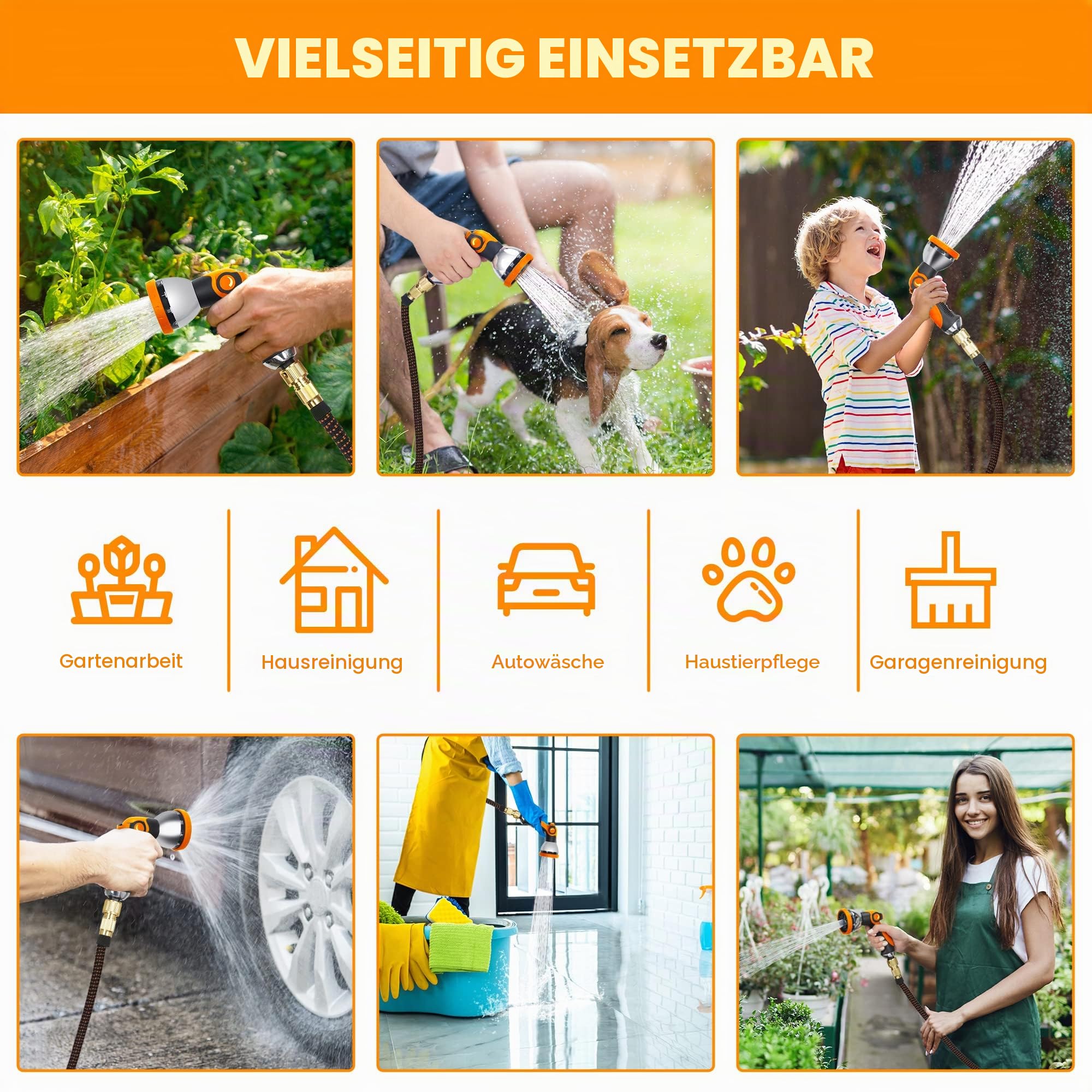 flexibler Gartenschlauch, ausdehnbarer Wasserschlauch mit 10 Sprühmuster-Düsen und massiven Messinganschlüssen, Gewebe 3750D, Strapazierfähiger Gartenschlauch mit 4-lagigem Latexkern-30m/100ft