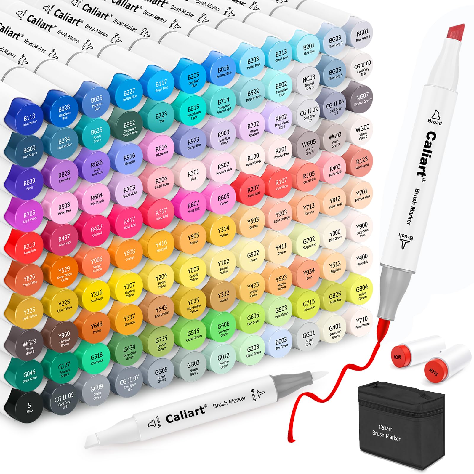 Caliart Alcohol Markers Brush Tip - 121 Colors Dual Tip Art Markers Set for Adult Coloring Books Artist Drawing Illustration Sketching, with Case Permanent Alcohol Based Colored Chisel & Brush Pens