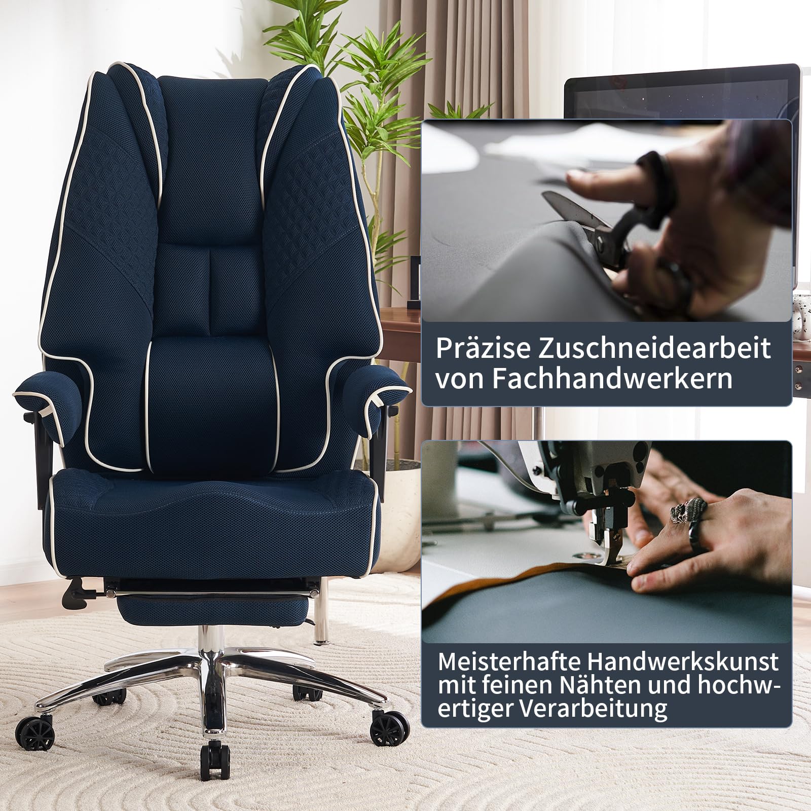 EXCEBET Chefsessel Bürostuhl Ergonomisch 200kg, Schreibtischstuhl mit Fußstütze und Atmungsaktivem Mesh, Hochlehner mit 14cm Taschenfederkern, Drehstuhl mit Höhenverstellbaren Armlehnen (Dunkelblau)