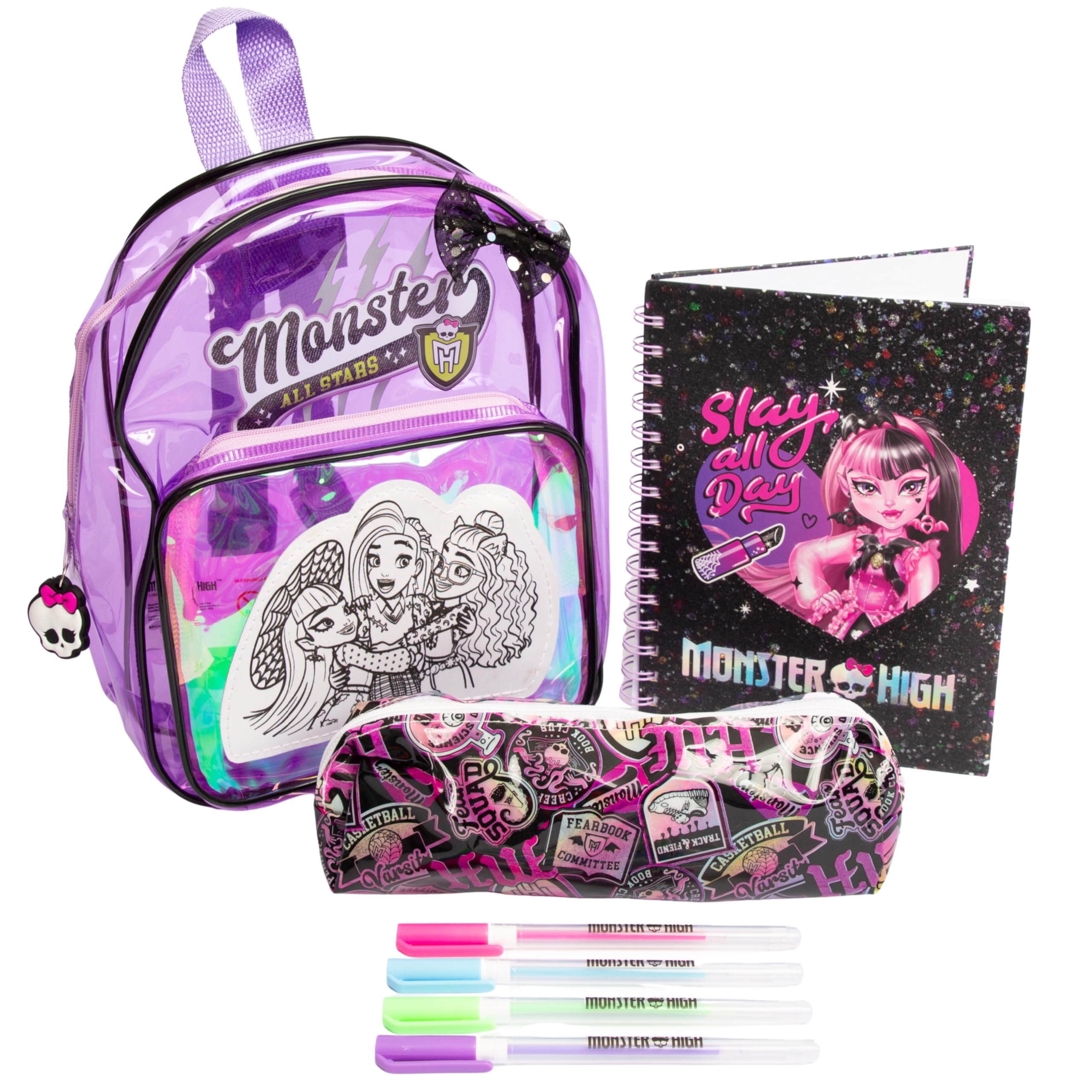 abeec Monster High Colour Your Own Accessory Set | Design Your Own Backpack, Pencil Case, A5 Notebook & 4 Gel Pens | Officially Licensed Monster High Craft Kit & Birthday Gift for Girls Ages 5+