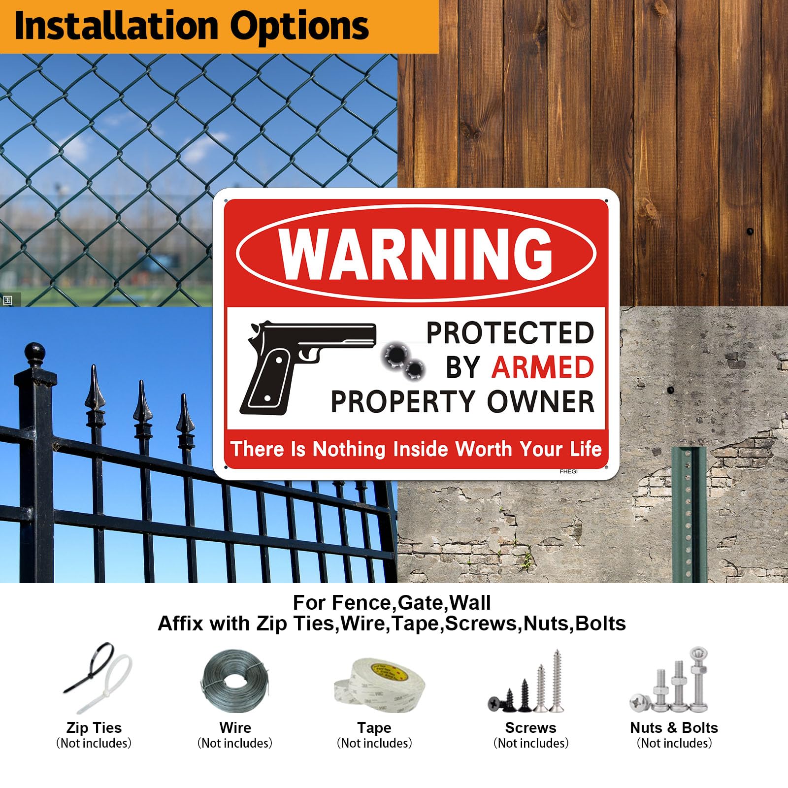 2 letreros de pistola de 10 x 7 pulgadas con texto en inglés "The Owner of This Property is Armed", no hay nada interior digno de arriesgar tu vida, letrero reflectante de aluminio libre de