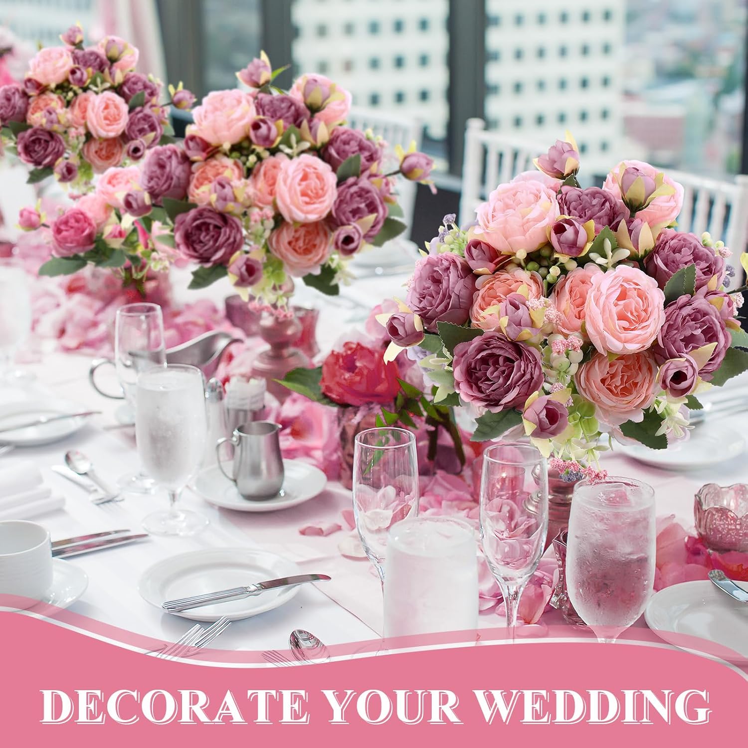 8 Bundles Artificial Peonies Flowers Boho Faux Flowers Arrangements Artificial Centerpiece Spring Bouquet Floral Wedding Decoration for Vase(Pink, Dark Pink) - Image 4