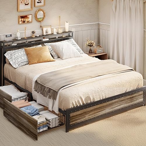 Gizoon Full Size Modern Bed Frame with 4 Large Drawers, 2-Tier Storage Headboard, Metal Platform Bed Frame with Durable Slats Support, No Box Spring Needed, Noise Free, Easy Assemble, Grey