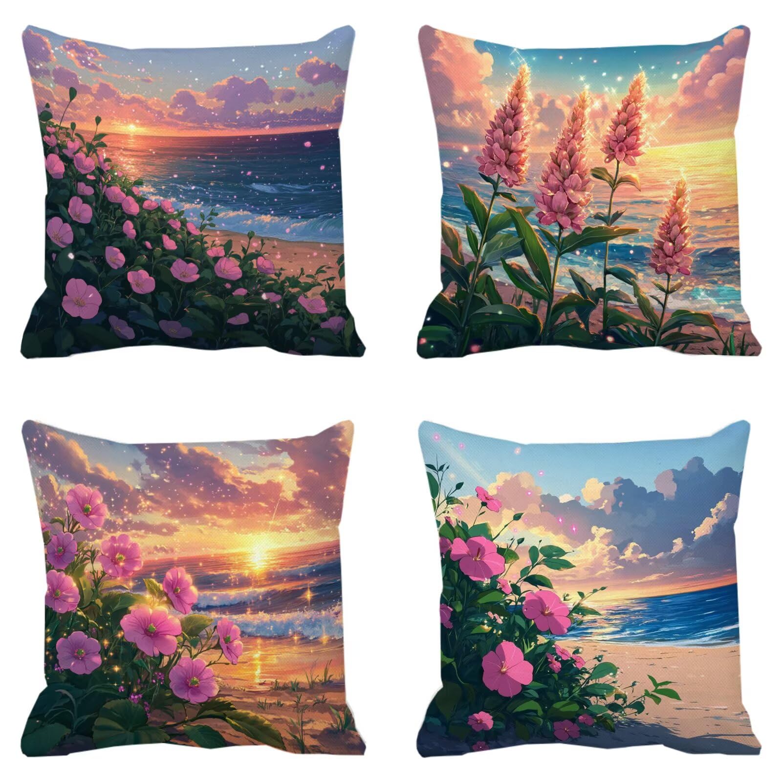 Federe Cuscini Divano 40x40cm Lino Copricuscini Divano Quadrati, Fodere Cuscini Esterno Set di 4, Tramonto Fiori Cuscino Decorativo, Per Soggiorno Camera, Divani, Sedie, Giardini Decorativi P-374